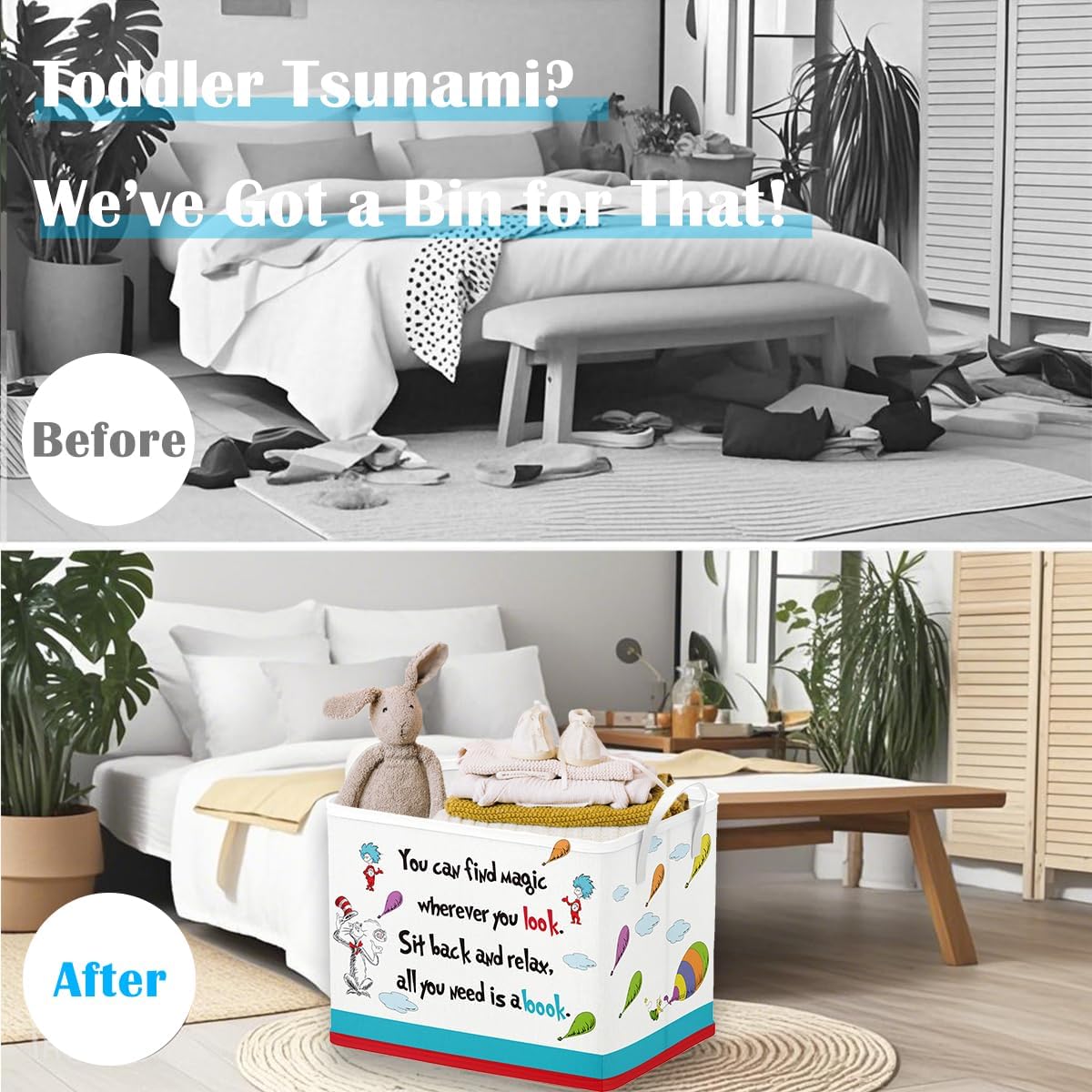 Runtoo Read Book Storage Bins Dr Inspirational Quotes Book Basket Toys Box Organizer for Kids Nursery Classroom Baby Book Shelf