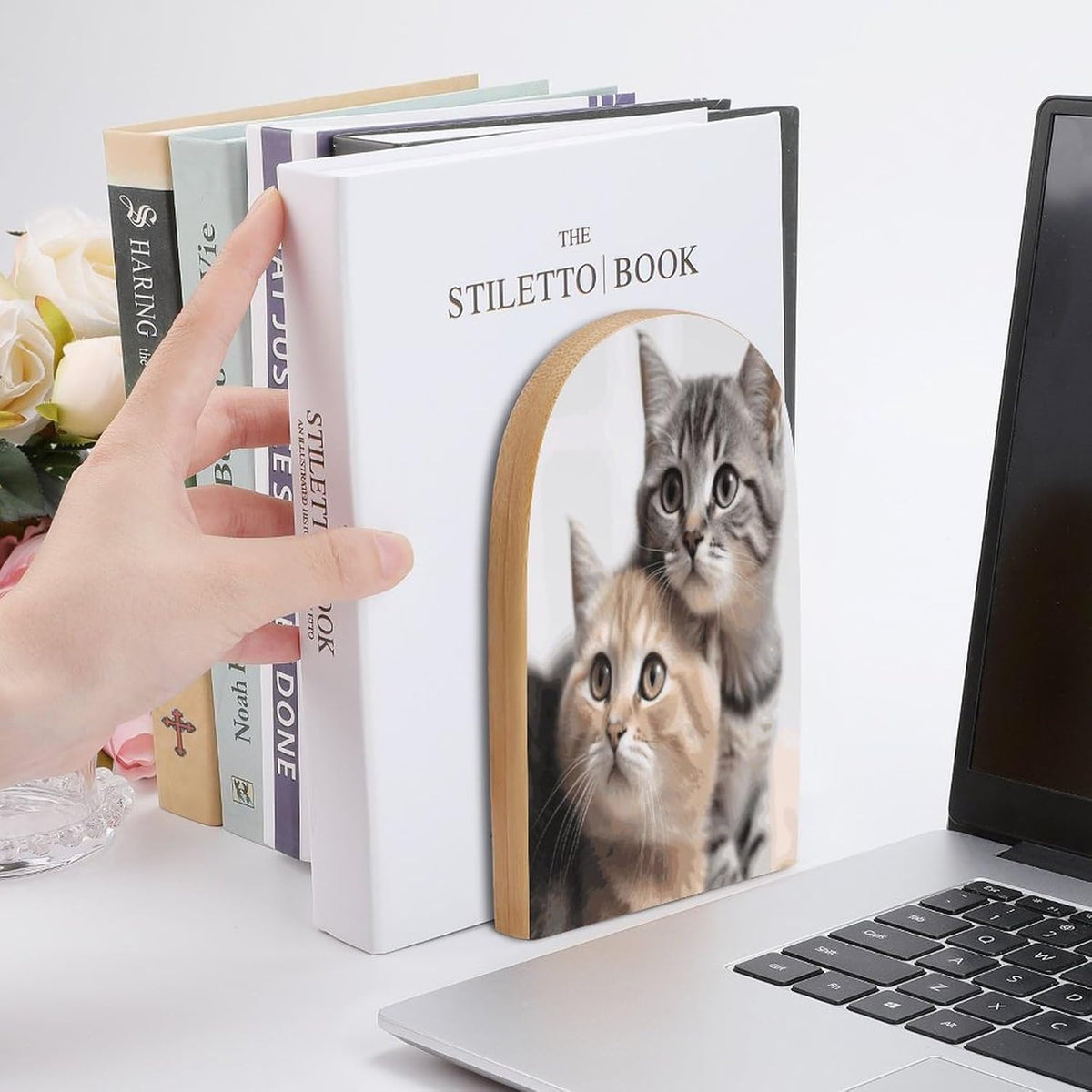 Non-Slip Bookend for Shelves Cats Wooden Bookends with Metal Base Decorative Book Stopper for Home Heavy Duty Wood Book Storage for Books/CDs