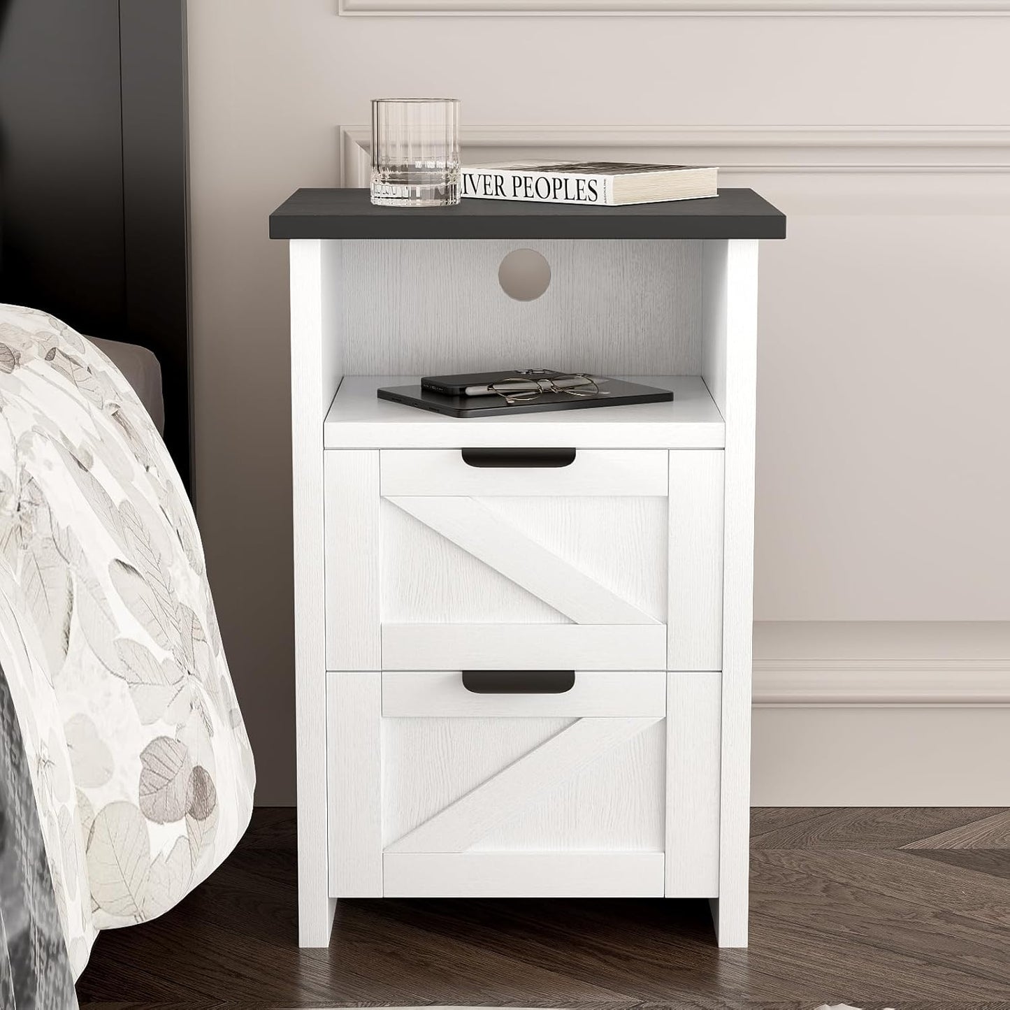 Farmhouse Nightstand, Rustic White Bedside Table with 2 Drawers and Storage Shelf, End Table for Bedroom, Living Room, Small Spaces, Set of 1