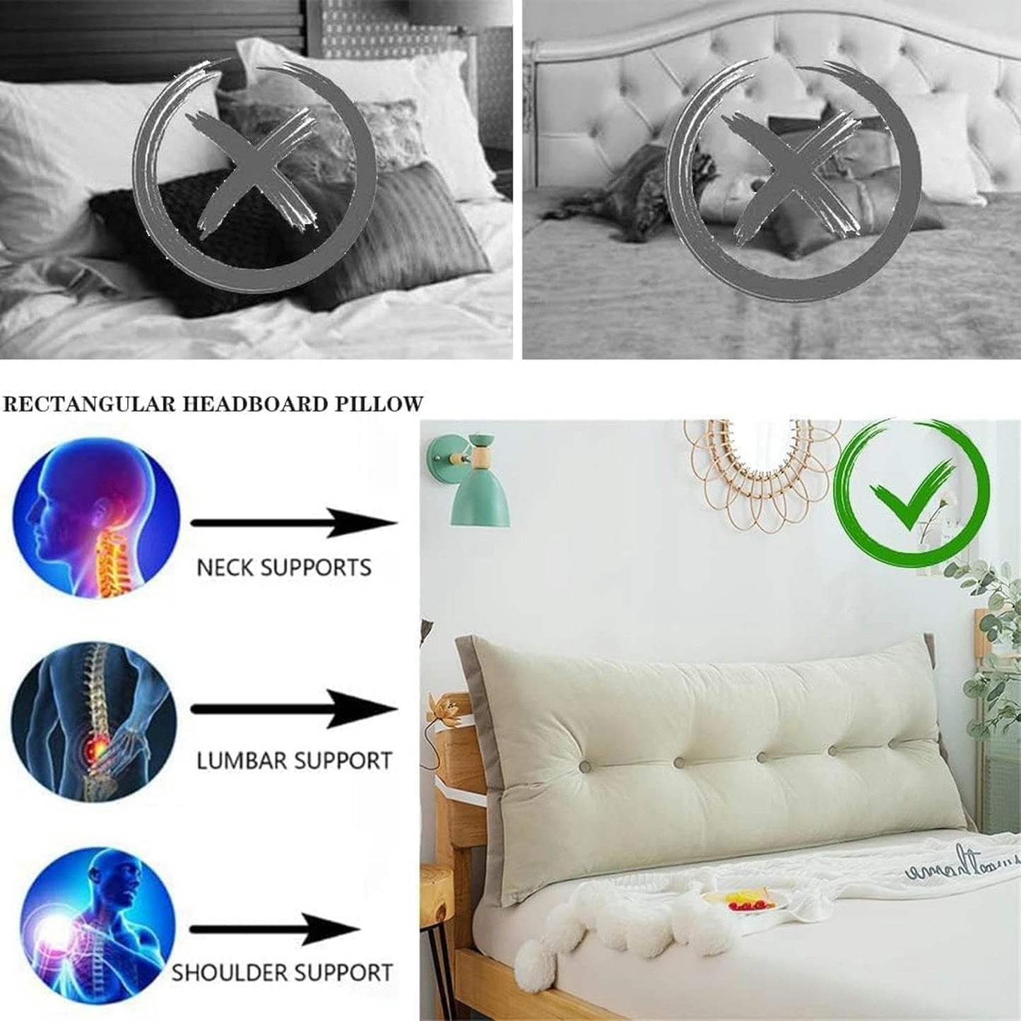Soft Headboard Bedside Cushion, Watching TV Relaxing Design Bumper Pillow King Tatami Bed Pillow Removable Pillow Bed Rest Pillows(Light Gray,180cm)