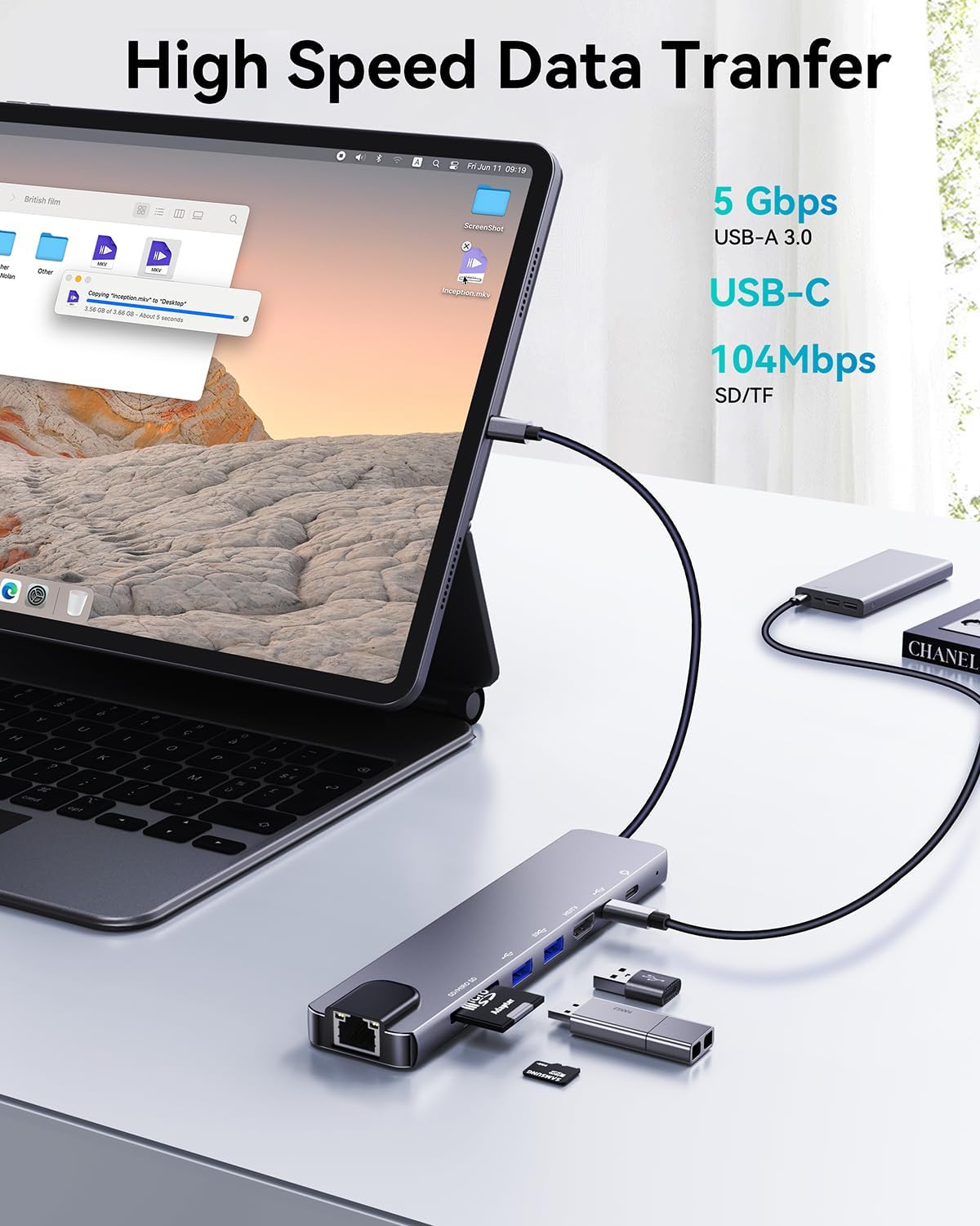8-in-1 USB C Hub Multiport Adapter, USB C Docking Station for Laptop with 4K@60Hz HDMI, 100W PD Charging, SD/TF Card Reader, USB 3.0 Ports for MacBook Pro/Air, iPad, Windows, School & Office