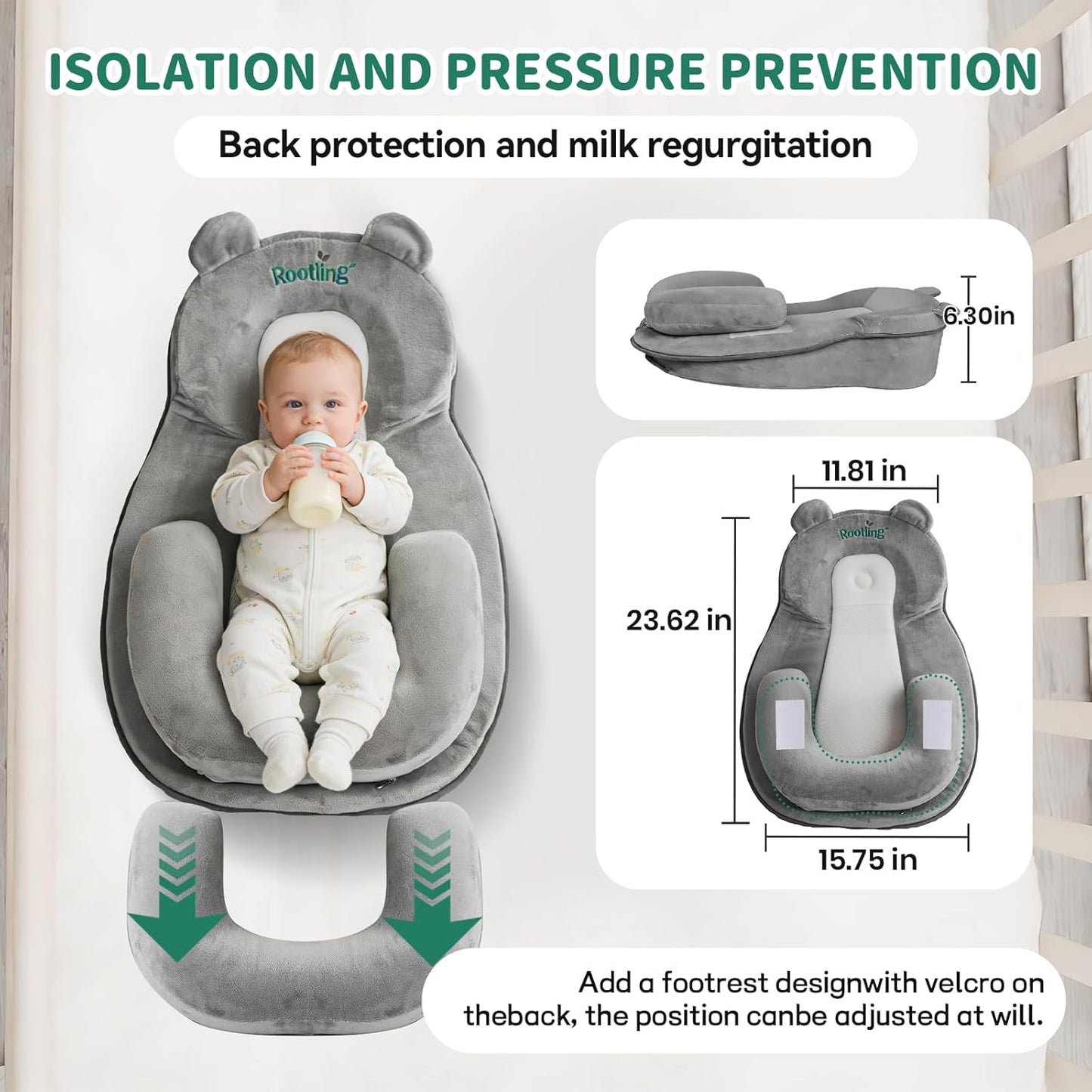 Rootling Baby Feeding Pillow, Anti Overflow Feeding Pillow for Reducing Spit-Up, Safety Nursing Pillow, Baby Lounger Reflux Wedge Breastfeeding, Removable top and Bottom