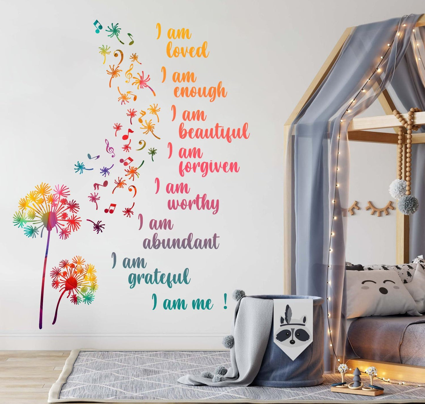 Colorful Dandelion Wall Stickers, Motivational Quote I Am Affirmation Vinyl Wall Decals, Removable Dandelion Flying Musical Note DIY Wall Art for Kids Bedroom Office Classroom Decor