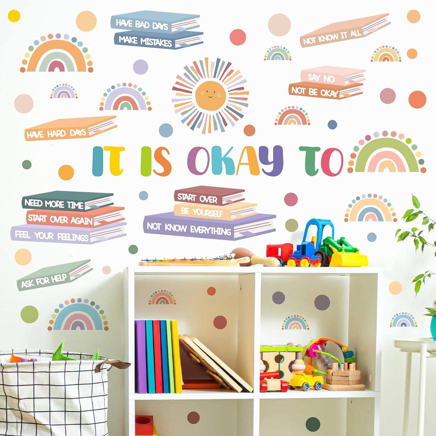 Kids Inspirational Wall Decals Motivational Quotes Wall Stickers Peel and Stick Reading Wall Decals Watercolor Polka Dots Rainbow Sun Wall Stickers for Nursery Classroom Playroom Reading Room Decor