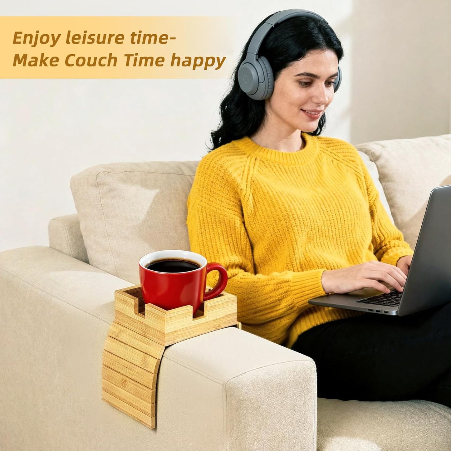 Bamboo Couch Cup Holder & Armrest Tray - Extend Your Comfort with a Secure Drink Slot and Snack Space for Recliner, Loveseat, or Sofa (Large)