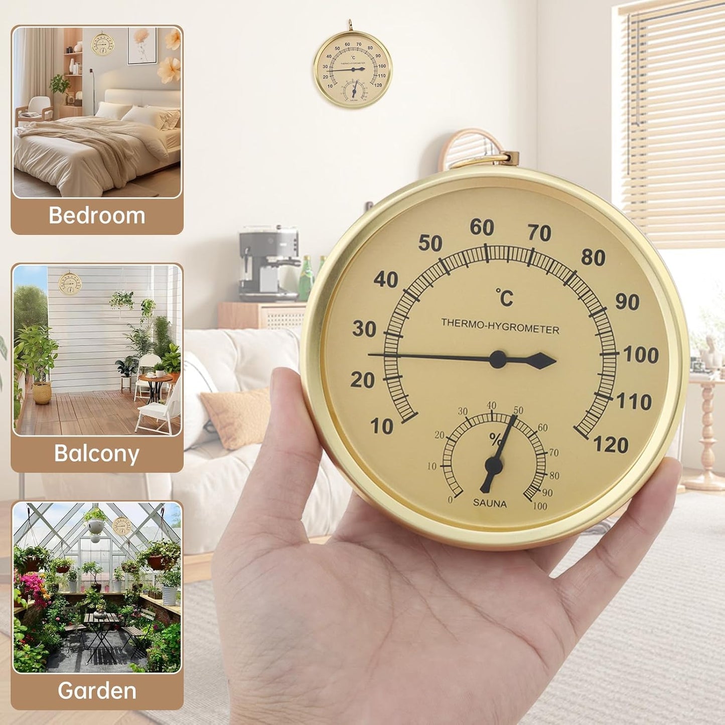 Analog Hygrometer Thermometer for Indoor Weather Dial Gauge Indicator Temperature and Humidity Monitor Hanging Hygrometer for Wall, Table, Garden, Greenhouse or Office Decorative (Gold 4.3inch)