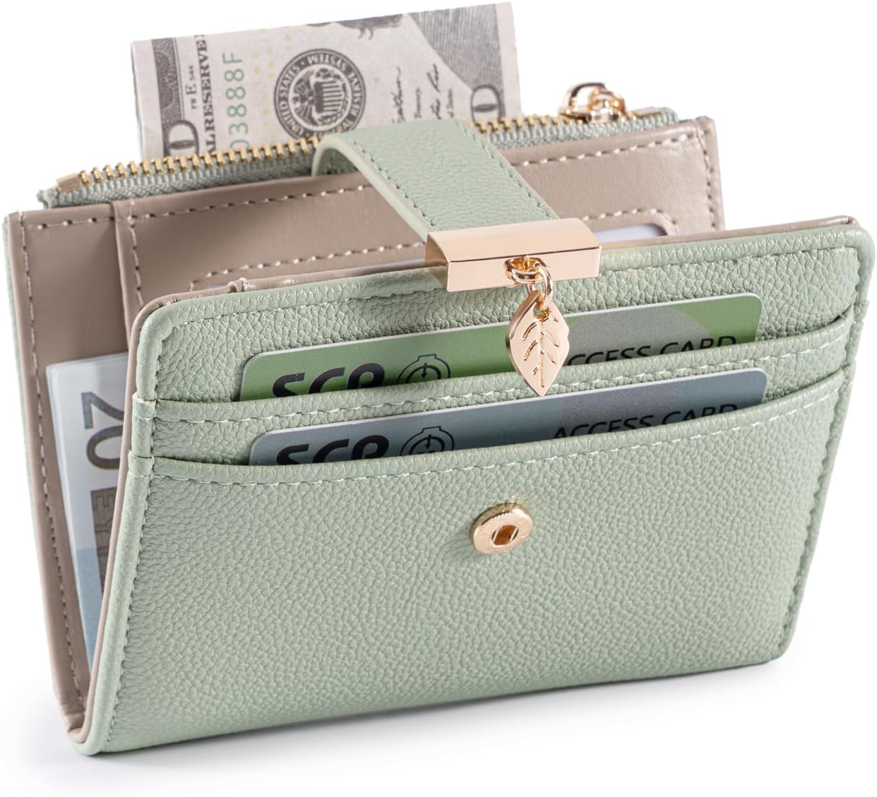 Pomelo Best Small Wallet Women RFID Blocking Bifold Soft Leather Card Holder with ID Window Zipper Coin Pocket Wallets for Women Green