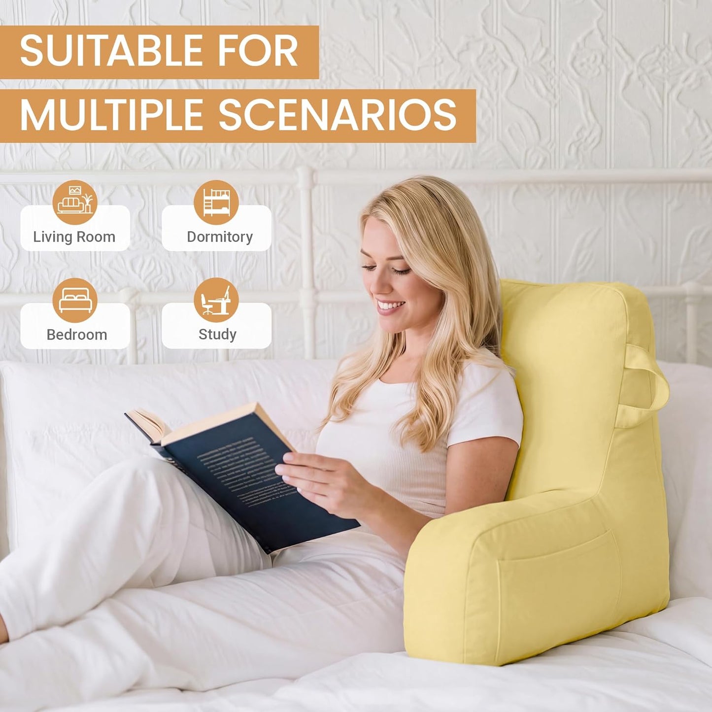 Portable Comfy Reading Pillows for Bed Sitting Up(Yellow Oeko-Tex), Velvet Back Pillow with Arms & Pockets for Adults, Support Memory Foam Bed Pillow for Dorm/Reading/Watching/Gaming