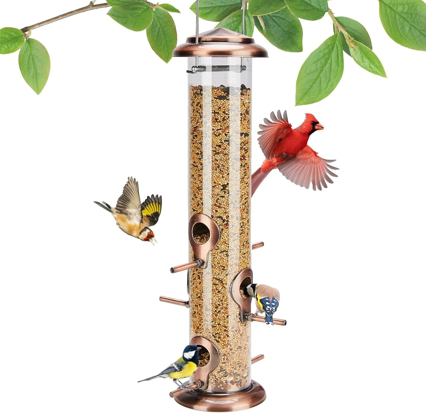 Kingsyard Metal Bird Feeders for Outdoors Hanging, Tube Bird Feeder with 6 Feeding Ports, 15 Inch, Chew-Proof & Weatherproof, Antique Copper