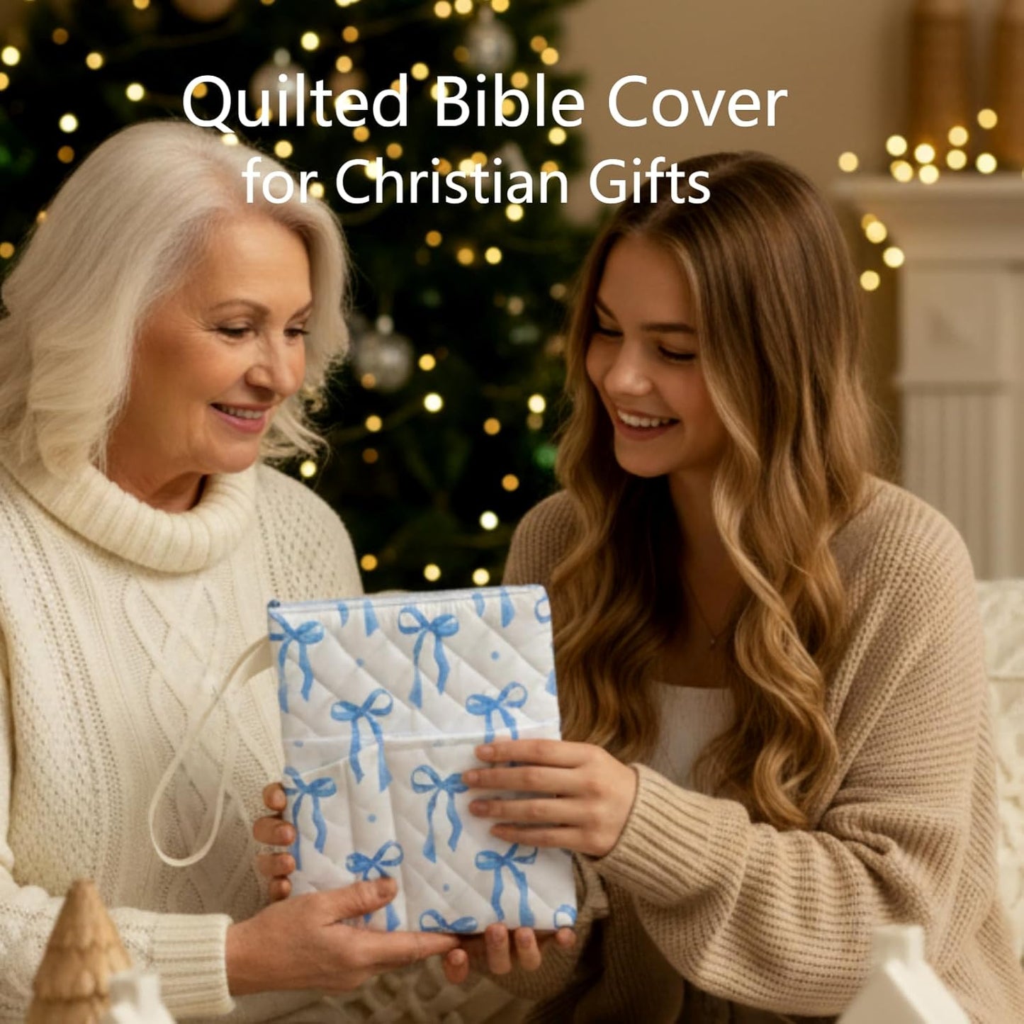 Blue Bow Bible Book Sleeve with Zipper 11" x 9" Padded Protector Washable Quilted Book Covers Printed Bible Pouch with Handle Pockets Protector for Books Lover Christian Gifts