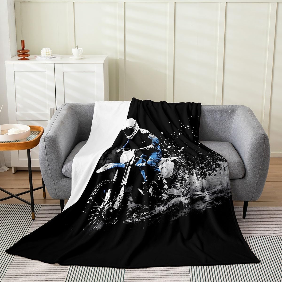 Feelyou Dirt Bike Plush Throw Blanket, Throw 50"x60" Racing Themed All Season,Bed Blanket Ultra Soft Racing Motocross Rider Flannel Fleece Blanket for Sofa Couch Motorcycle Room Decor Motorbike