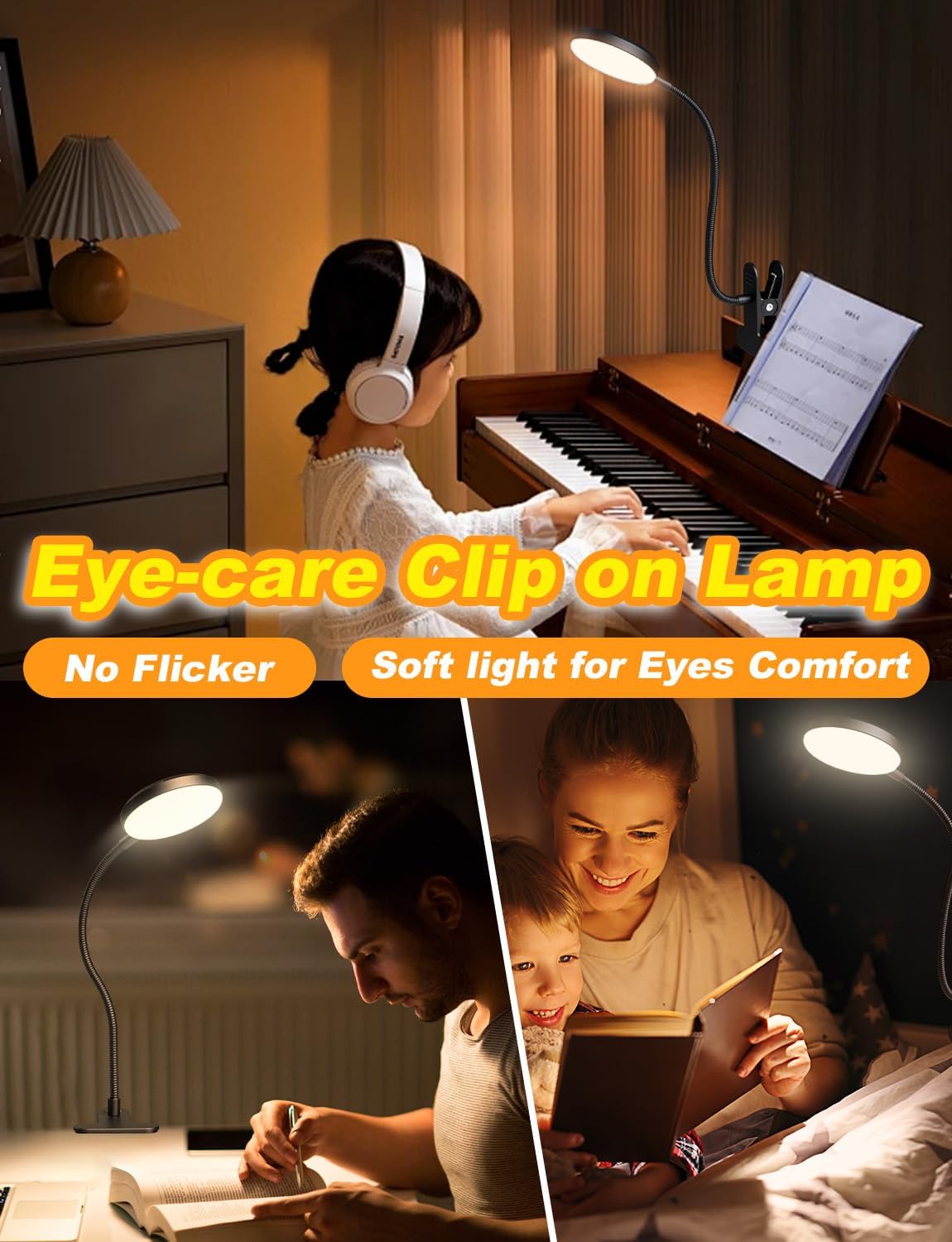Desk Lamp with Clamp-10W，2-in-1 with RGB Ambient & Warm White Light,Book Reading Light Color Changeable/Flexible Gooseneck LED Lamps Clip on Bed Headboard and Computers 800LM-Black