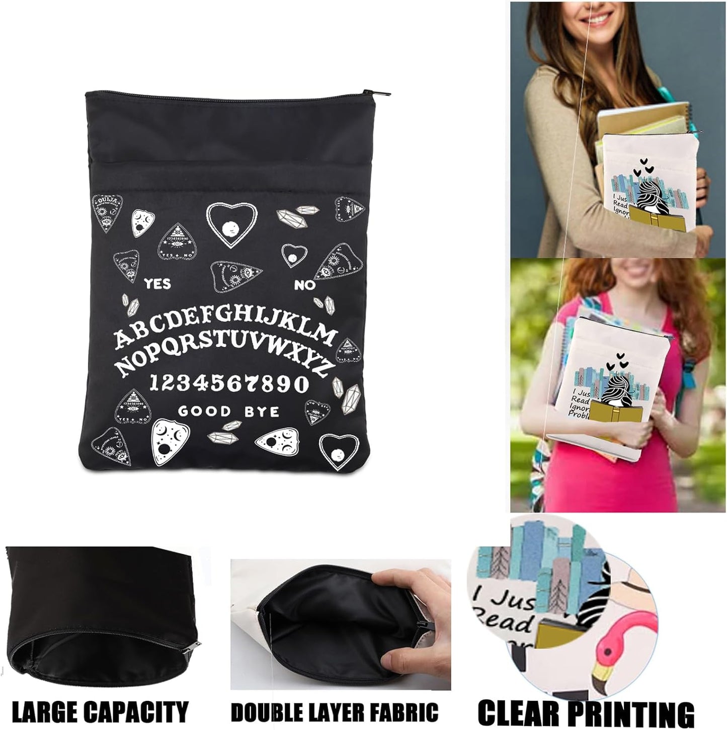 LQRI YES NO Book Sleeve With Zipper Wiccan Gothic Book Cover Gift Spirit Board Zipper Pouch
