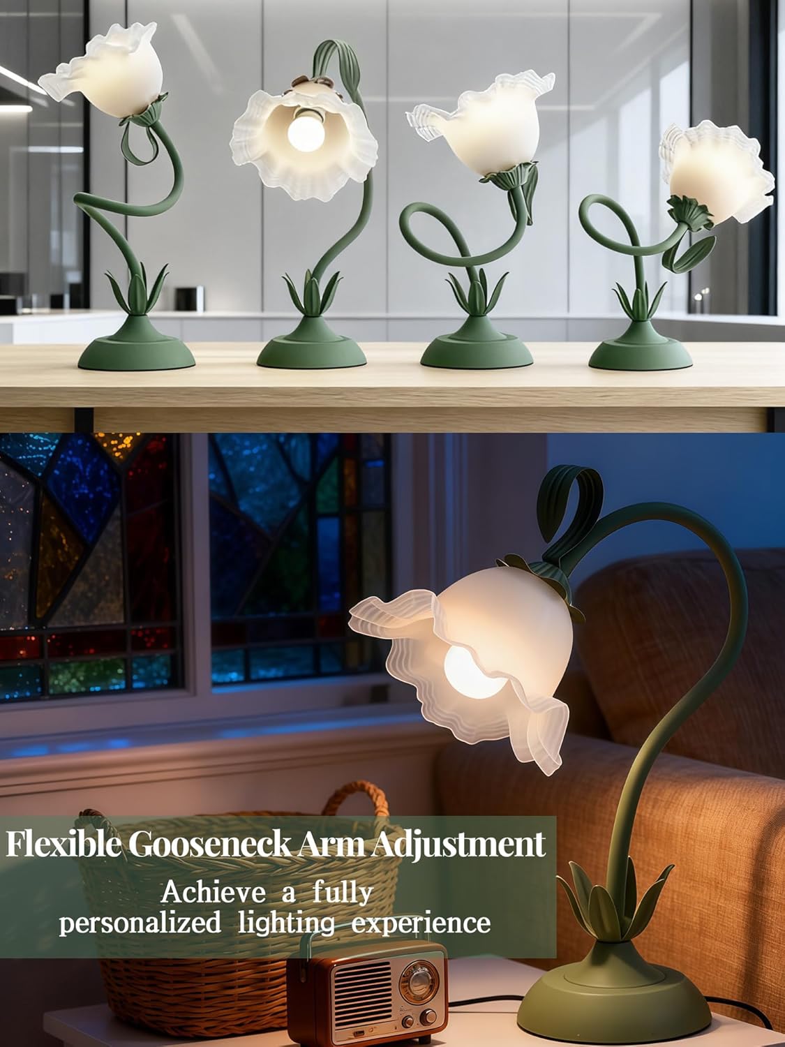 Flower Table Lamp, LED Reading Light Bedside Vintage Flower Desk Lamp, 3 Color Modes Kawaii Bedside Lamps, Nightstand Table Lamps for Living Room Office Bedroom Lighting Home Decor (Green)
