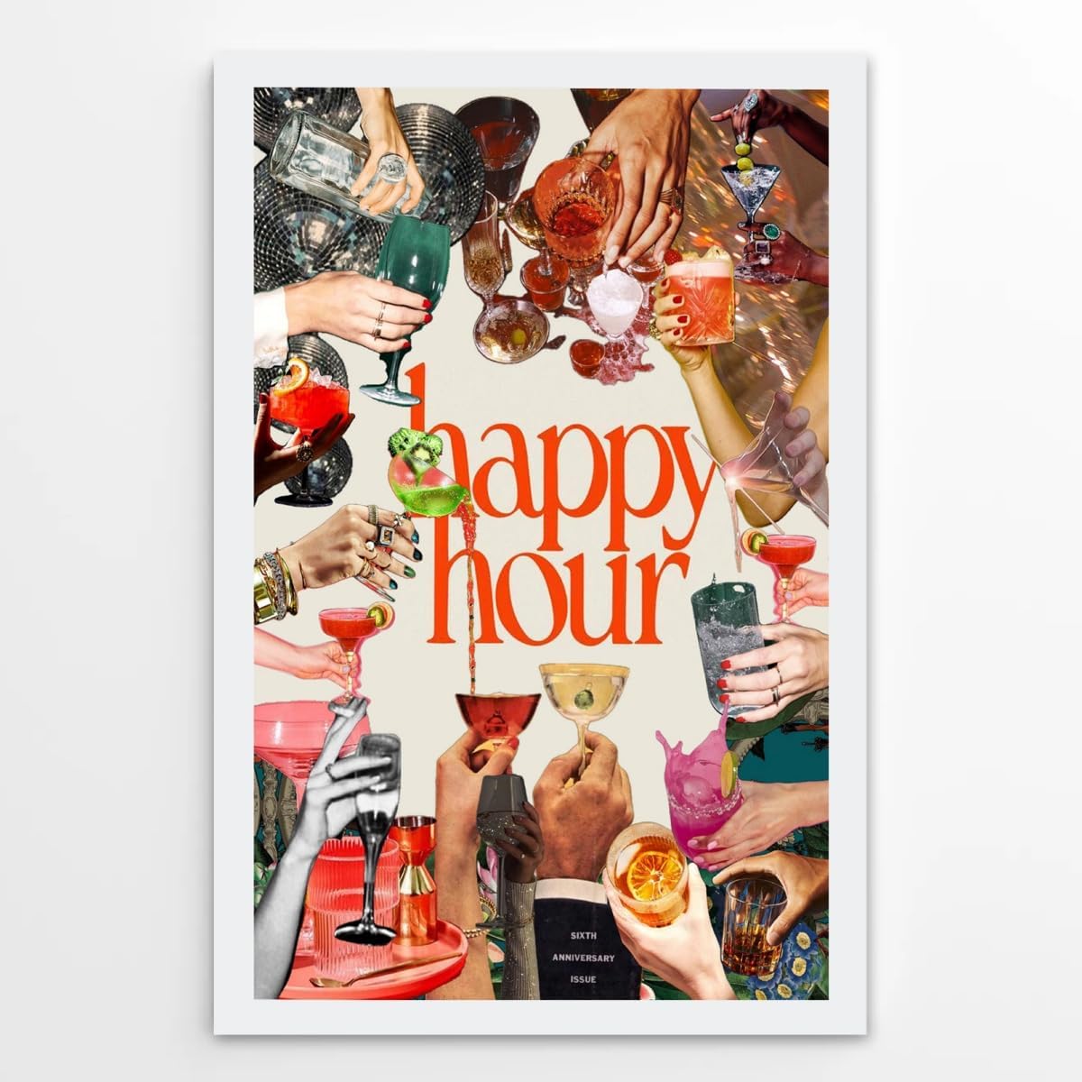 Cocktail Happy Hour Wall Art Retro Martini Posters Bar Art Canvas Print Vintage Kitchen Decor Disco Ball Poster Fun Party Decor Sign Pictures for Bar Cart Dining Room 12x18inch Unframed