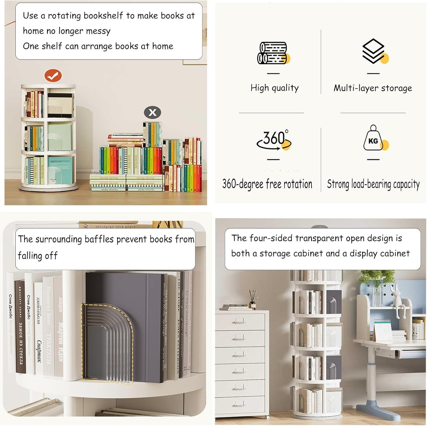 2/3/4/5 Tier Rotating Bookshelf Tower 360 Degree Revolving Bookcase，Revolving Bookcase Stackable Bookshelf Organizer Large Capacity， Round Rotating Bookshelf For Bedroom, Living Room(43x131cm)