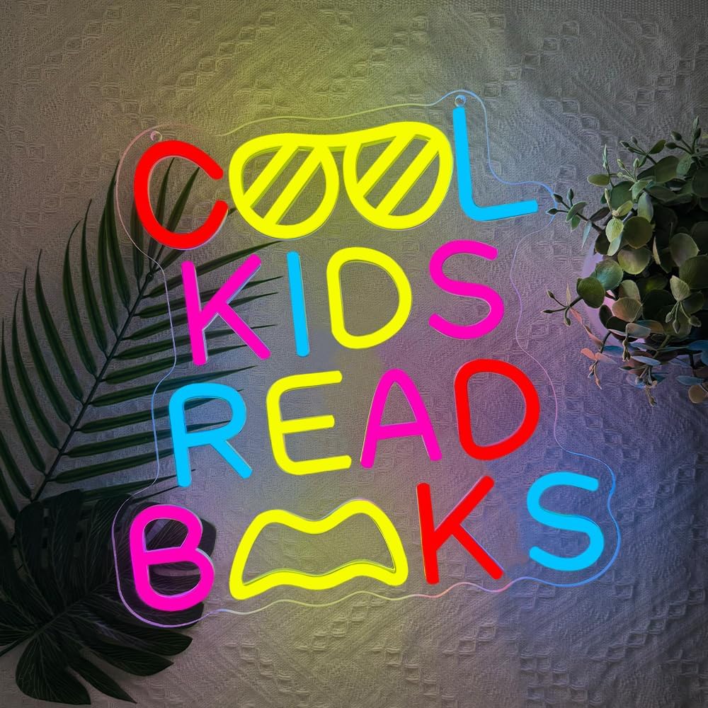 Cool Kids Read Books Neon Sign,Classroom Neon Sign Gift for Kids Teens,Reading LED Light Wall Decor for Library Reading Corner Bedroom Book Themed Party Decorations Study Room USB Powered（12.2"*12.1"）
