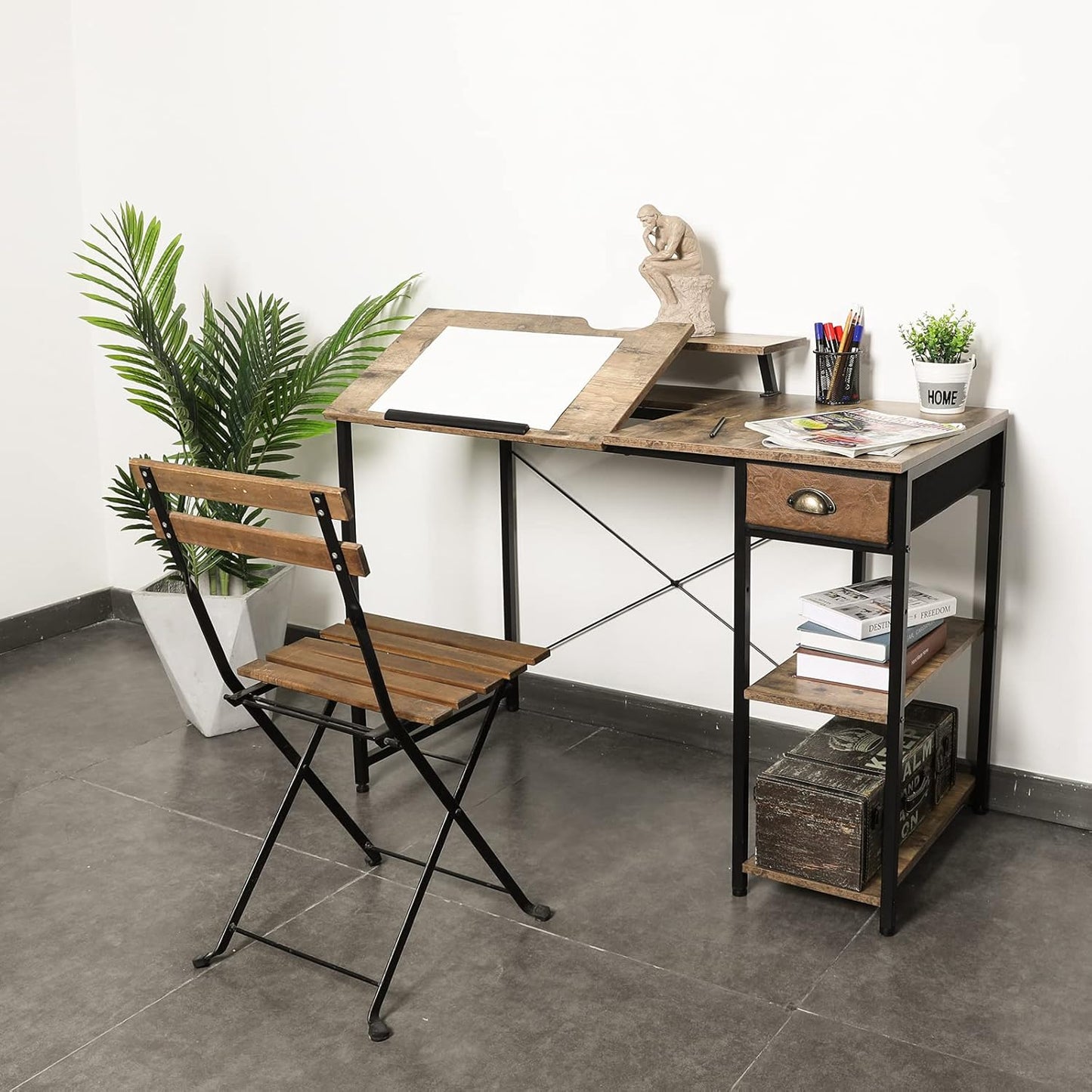 X-cosrack Drafting Table with Storage Shelves & Drawer, 43" Adjustable Art Desk with Monitor Stand for Home Office Computer, Tiltable Draft Drawing Table for Artist, Study, Writing Workstation