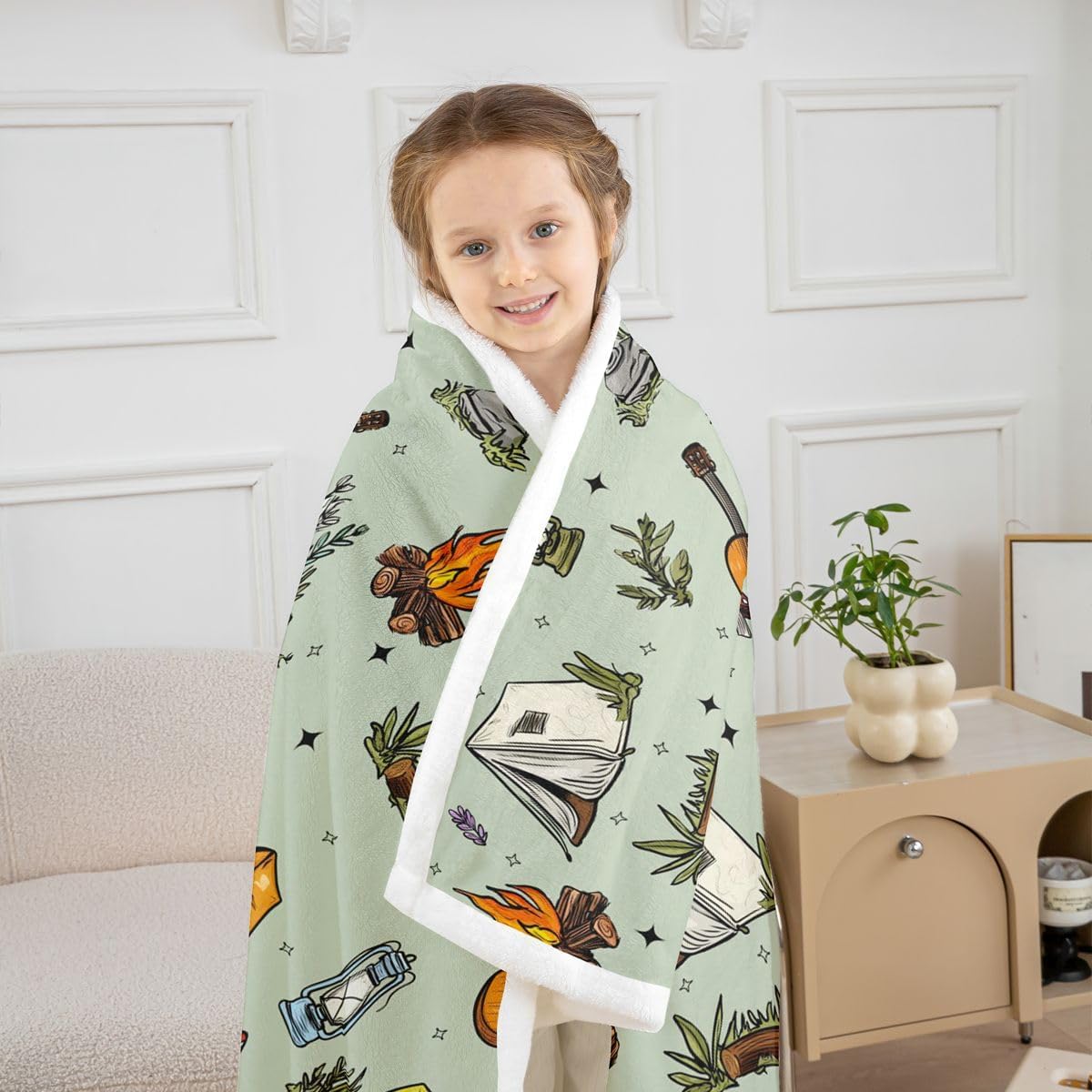 Feelyou Green Camping Camper Sherpa Throw Blanket for Couch Campfire Music Guitar Super Soft Cozy Fleece Happy Camping Blanket for Winter, Plush Throw Throw 50"x60" All Season