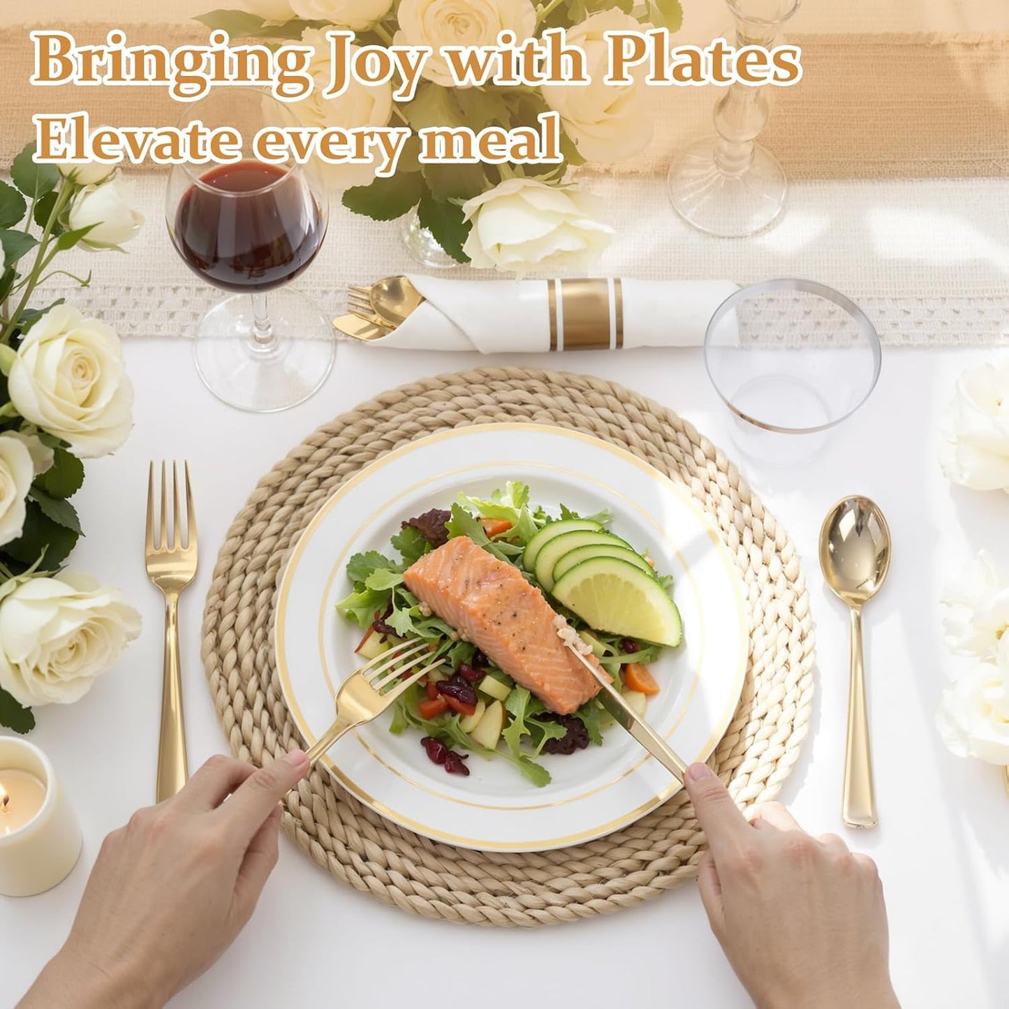 350Piece Gold Dinnerware Set for 50 Guests - Gold Plastic Plates with Disposable Cutlery Include:50Dinner Plates-50Dessert Plates-50Pre Rolled Napkins with Silverware for Wedding