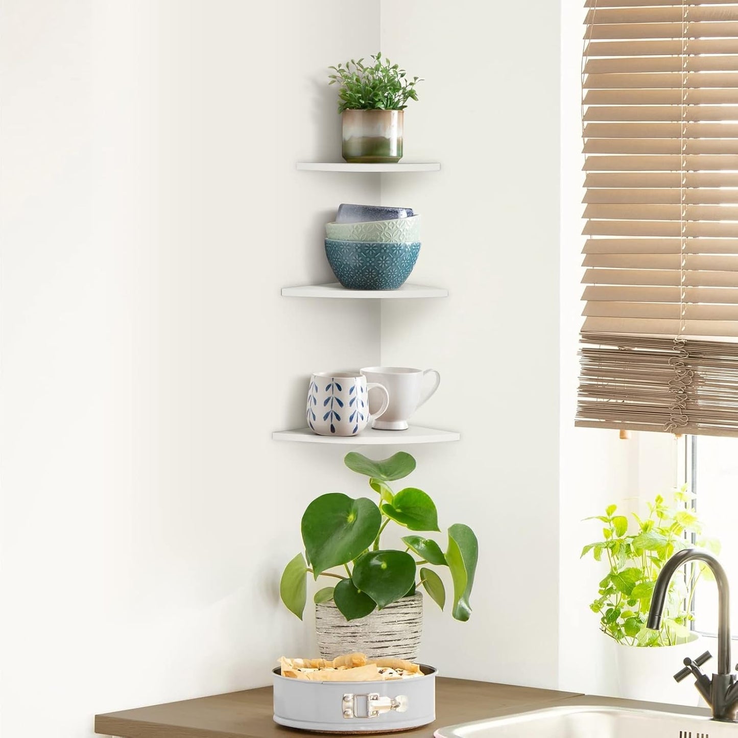 Hapivida Corner Shelf, White PVC Floating Wall Shelf Set of 3 with Angled Fit for Home Storage, Wall Mounted Display Rack for Living Room, Bathroom, Bedroom
