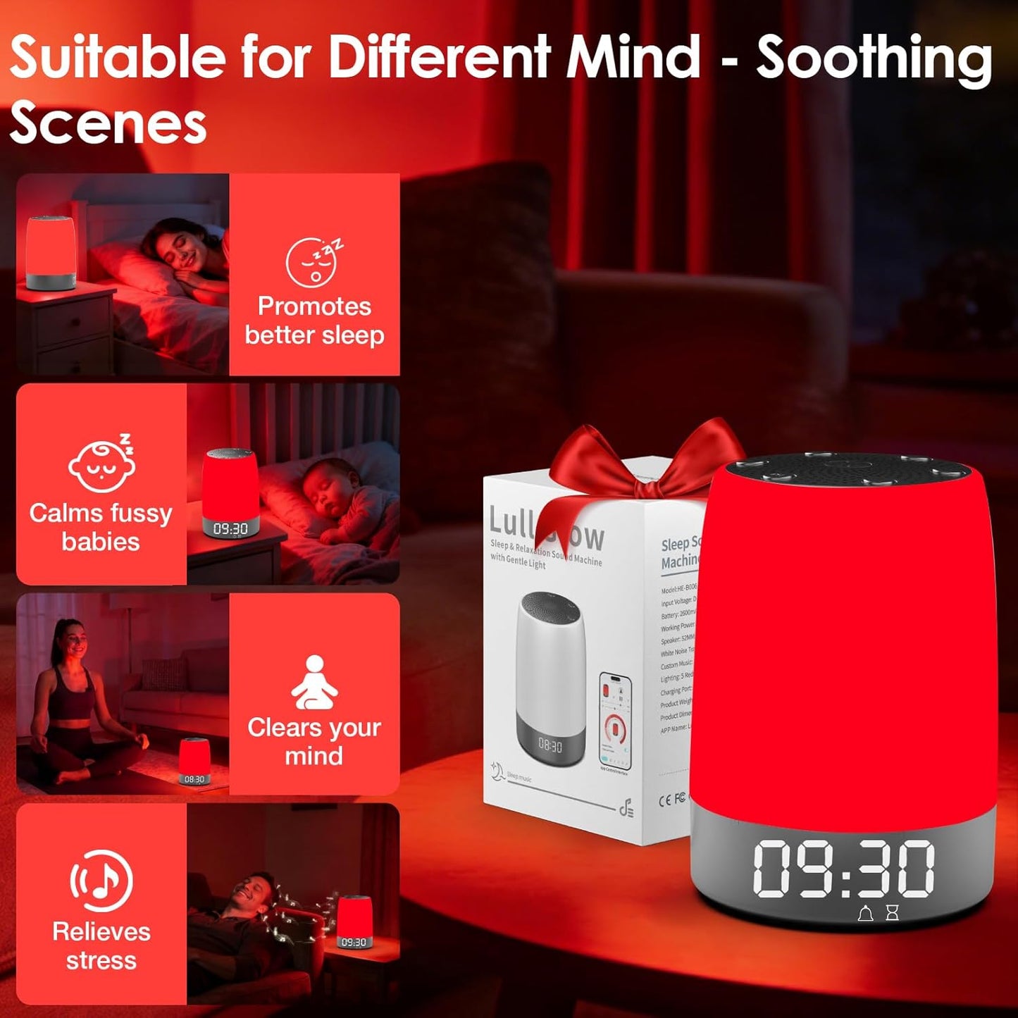 Red Light Therapy Sleep Device with 5-Level Red Light Therapy (620–690nm), 32 White Noise, Smart App Control, Night Light to Support Deep Relaxation and Improve Sleeping for Adult & Kid