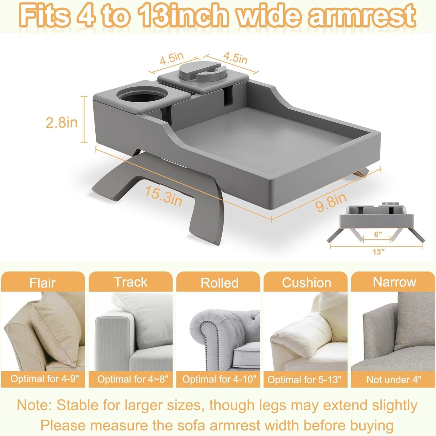 Couch Arm Table Tray, 15.3" x 9.8" Large Bamboo Couch Arerest Table for Cup Holder, Adjustable Sofa Arm Clip Tray Table with Rotated Phone Holder