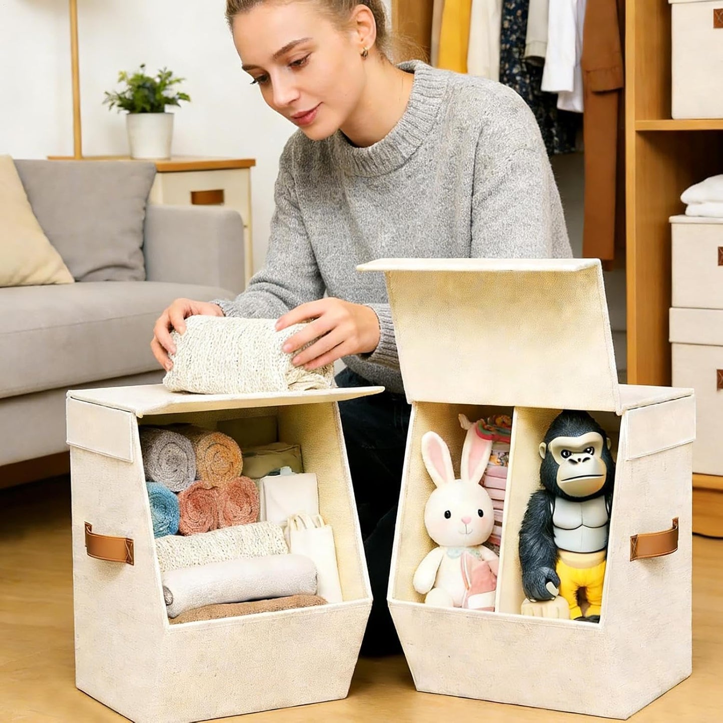 Cube Storage Organizer Bins - Stackable Foldable Box, 1 Set Fabric Storage Cube Bins With Handles And Lid, Reinforced Panel With Dust-Proof Cover, Home Decor Supply, Closet Chest For Clothes