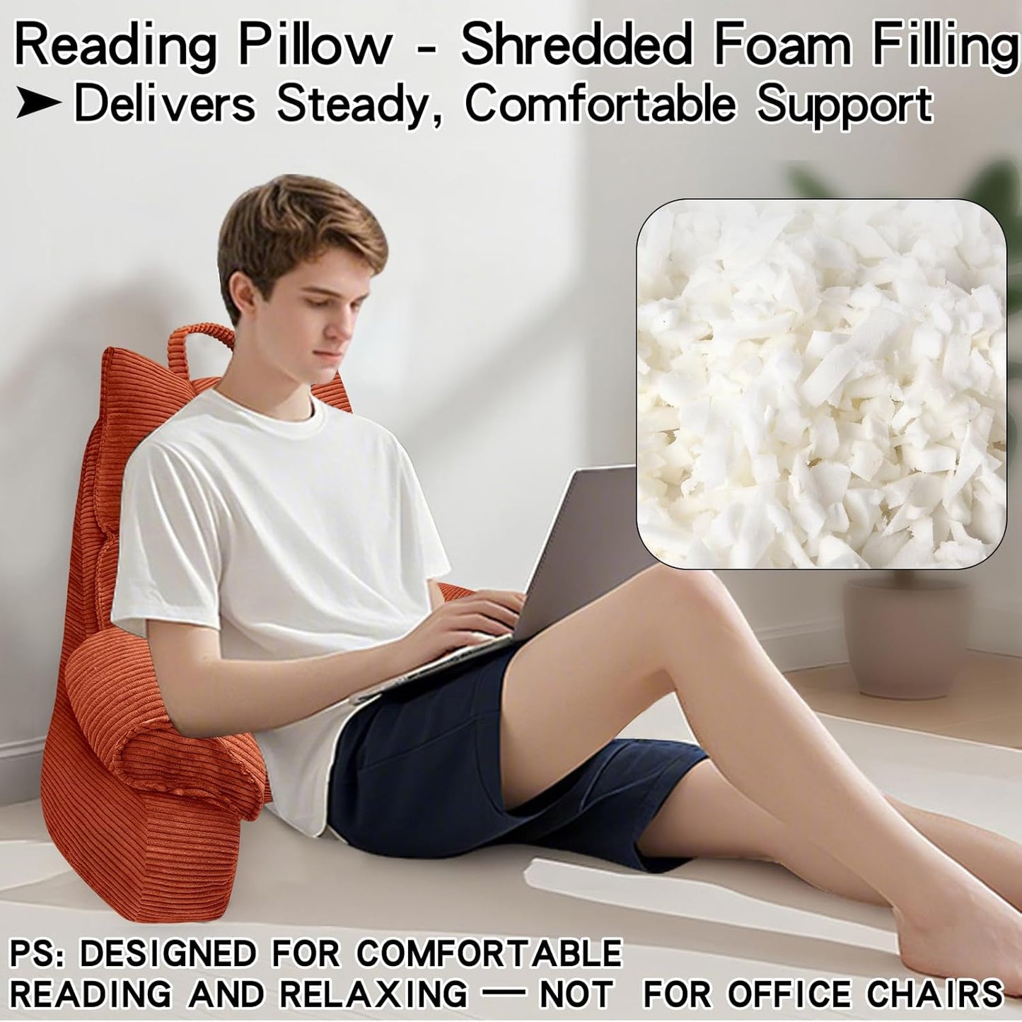 RRPAHWTV Reading Pillow for Bed with High Arm Rests,Back Support Pillow for Sitting Up in Bed with Shredded Memory Foam for Reading, TV, Gaming or Relaxing on Floor（Bright Orange，Large）