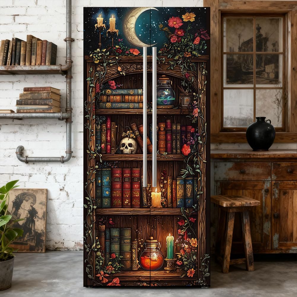 2 Pcs Magic Potion Cabinet Removable Refrigerator Wraps, Self-Adhesive Fridge Door Mural Vinyl Freezers Panel Cover Sticker for Kitchen Bar Decor, 16.34x78.74 Inch