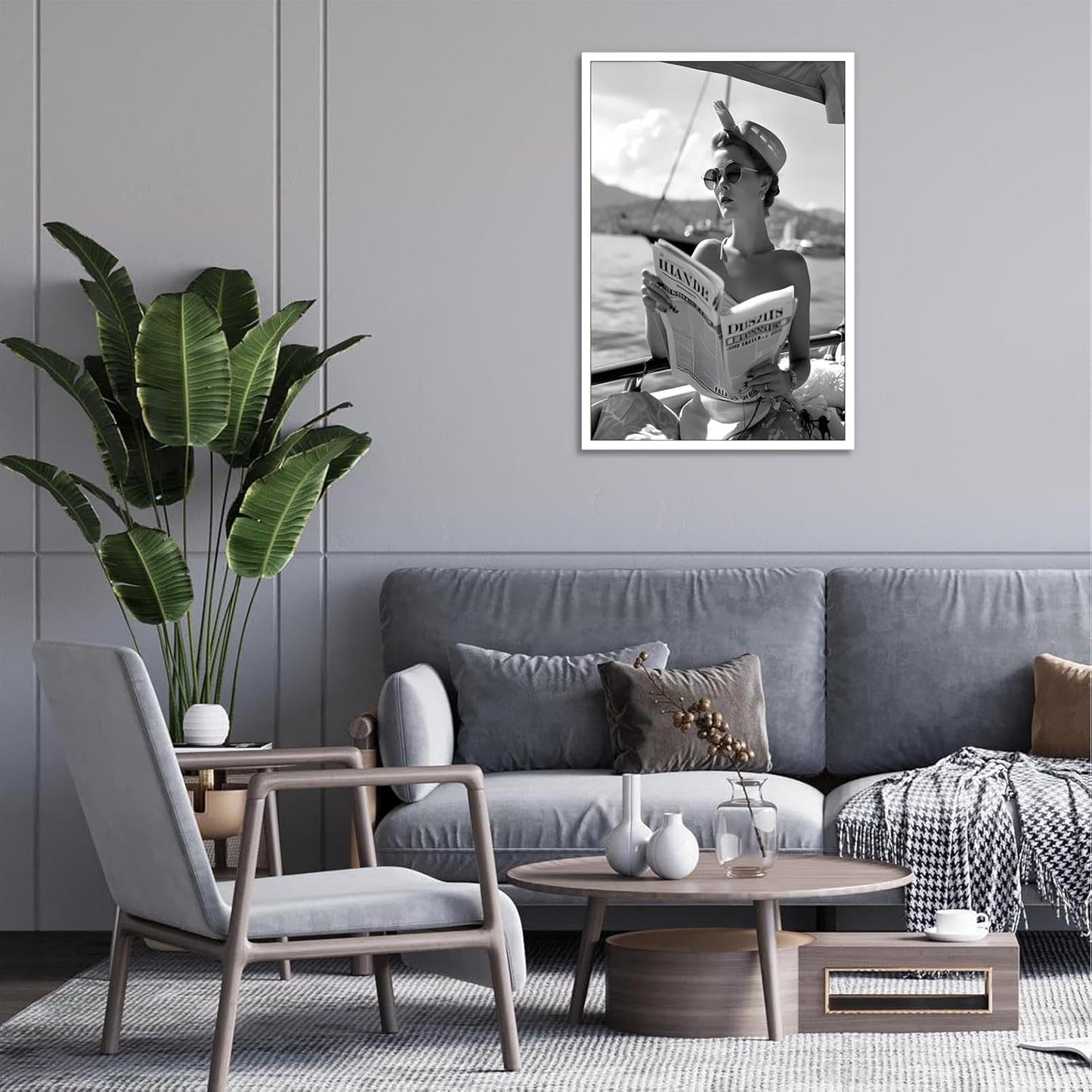 Vintage Black And White Poster Woman Reading Newspaper On Boat Wall Art Retro Luxury Feminist Magazine Aesthetic Prints Painting For Living Room Bedroom Office Wall Decor 12x16in Unframed