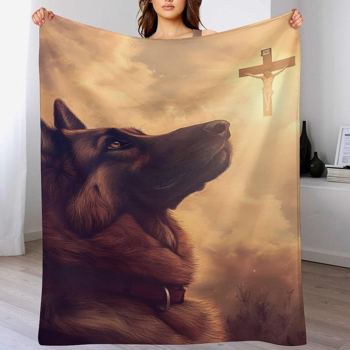 German Shepherd Christianity Throw Blanket for Couch Bed Plush Cozy Fuzzy Flannel Blanket for All Season 30"x50"