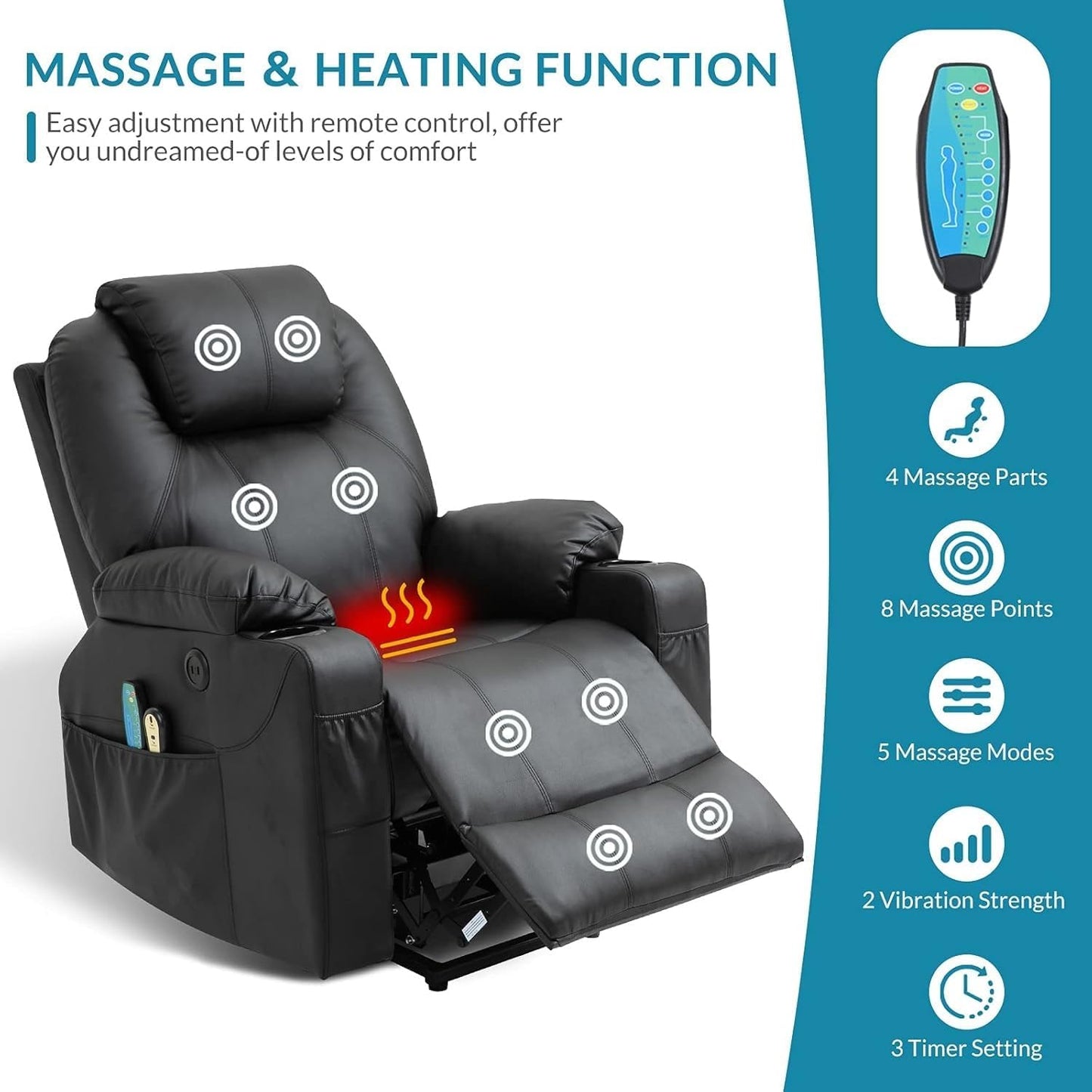 Black Leather Electric Power Lift Recliner Chair with Massage & Heat, Remote Control, USB Ports, Cup Holders & Side Pockets, Adjustable Electric Recliner for Living Room