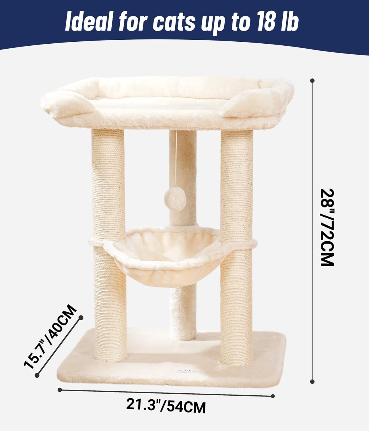 Happi N Pets 28" Cat Tree Tower, Tall Cat Scratching Post with Soft Perch for Window Viewing, Large Bed for Big Cats, Stable & Compact Cat Tower with Hammock, Removable Cover-Beige