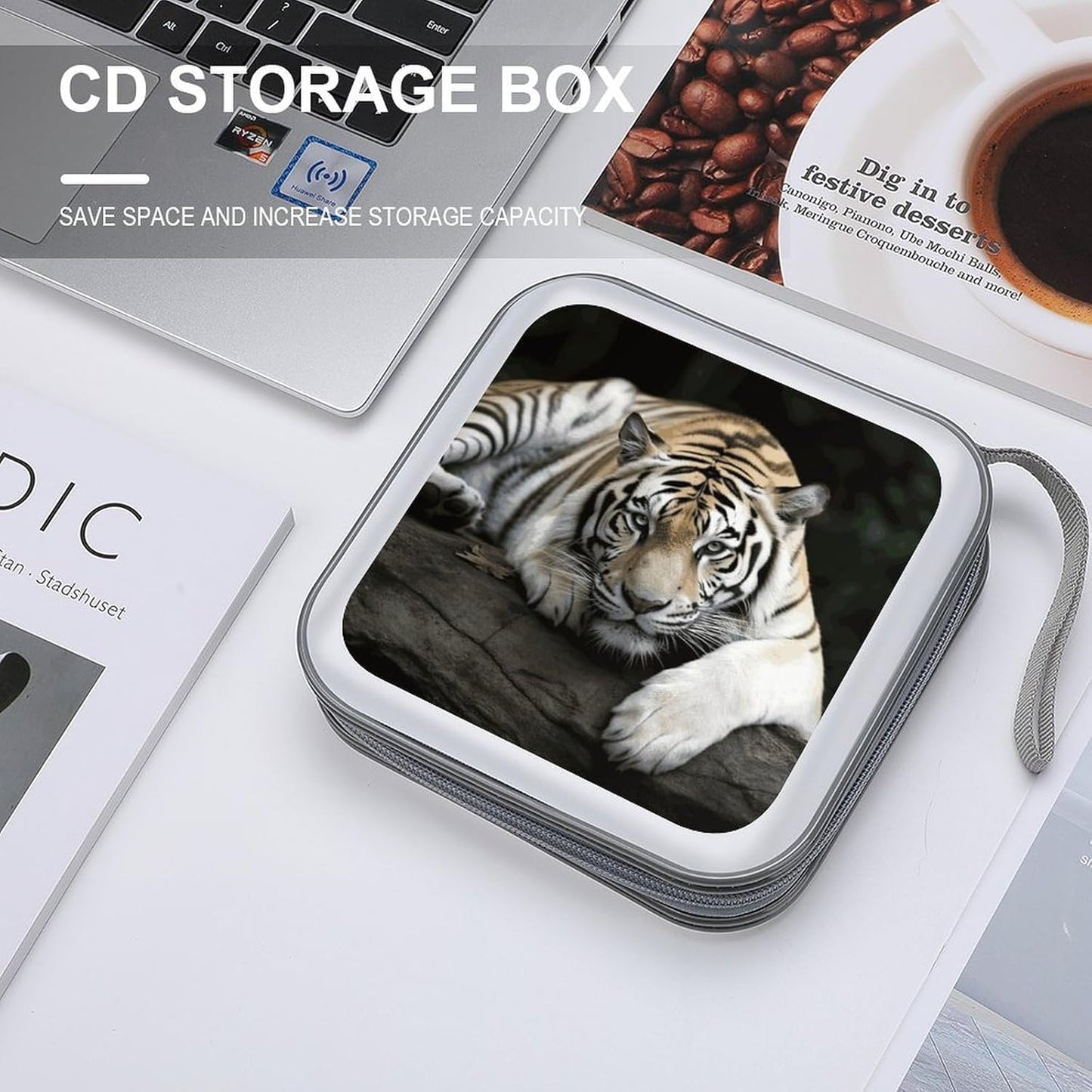 Tiger Lie On Rock CD Case 40 Capacity Case Zipper CD Collection Bag with Handles Cover DVD Storage Hard Plastic DVD Disc Cases Storage Binder for Car Home Office Travel