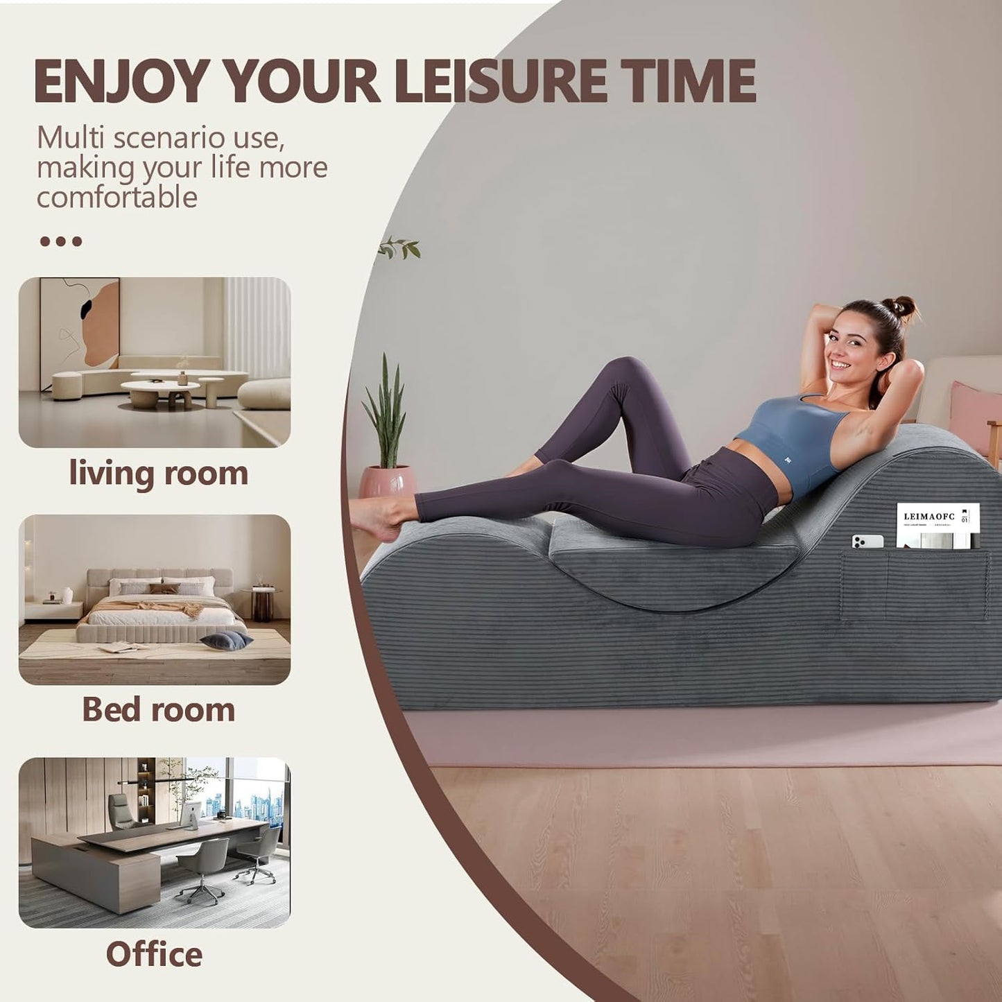 Yoga Chair Lounge for Adult, Ergonomic Chaise Lounge Chair with Side Pocket, Headrest, Waist Pad, Perfect for Stretching, Massage, and Relaxation, Used in Living Room, Bedroom（Dark Gray）
