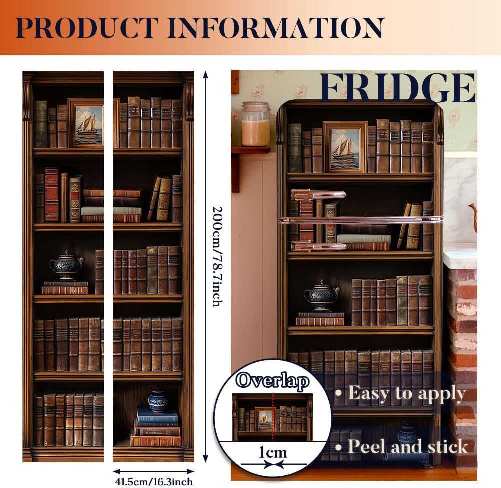 2 Sheet Bookshelf Removable Refrigerator Wraps, Self-Adhesive Fridge Stickers Peel and Stick Vinyl Fridge Decals Sticker for Living Room Kitchen Bar Home, 16.34x78.74Inch