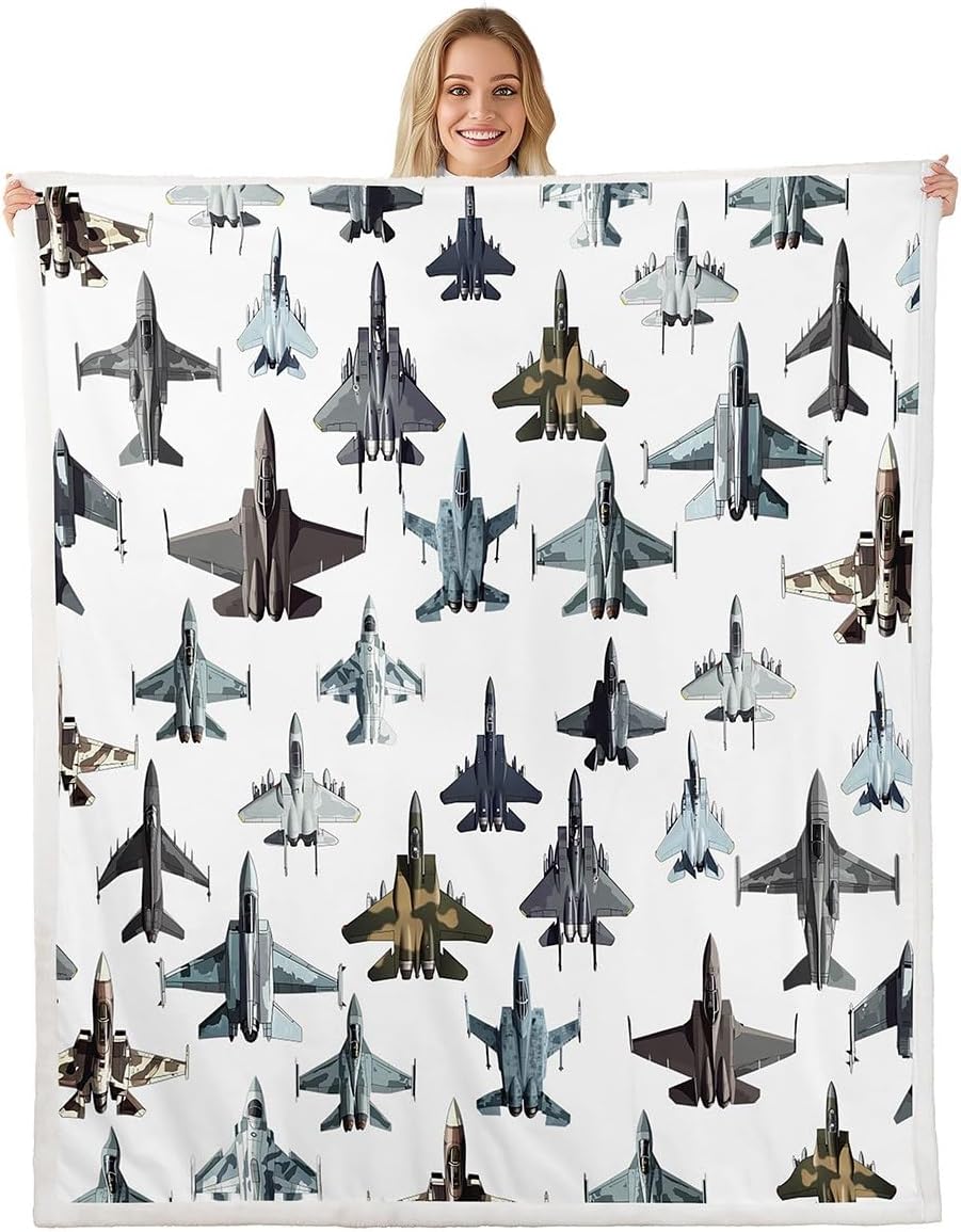 Erosebridal Fighter Aircraft Blanket for Kids Boys, Camouflage Military Jet Print Throw Blanket for Youth Men, Army Fighter Jet Fleece Blanket, Modern Flying Airplane Plush Blanket, Baby Size