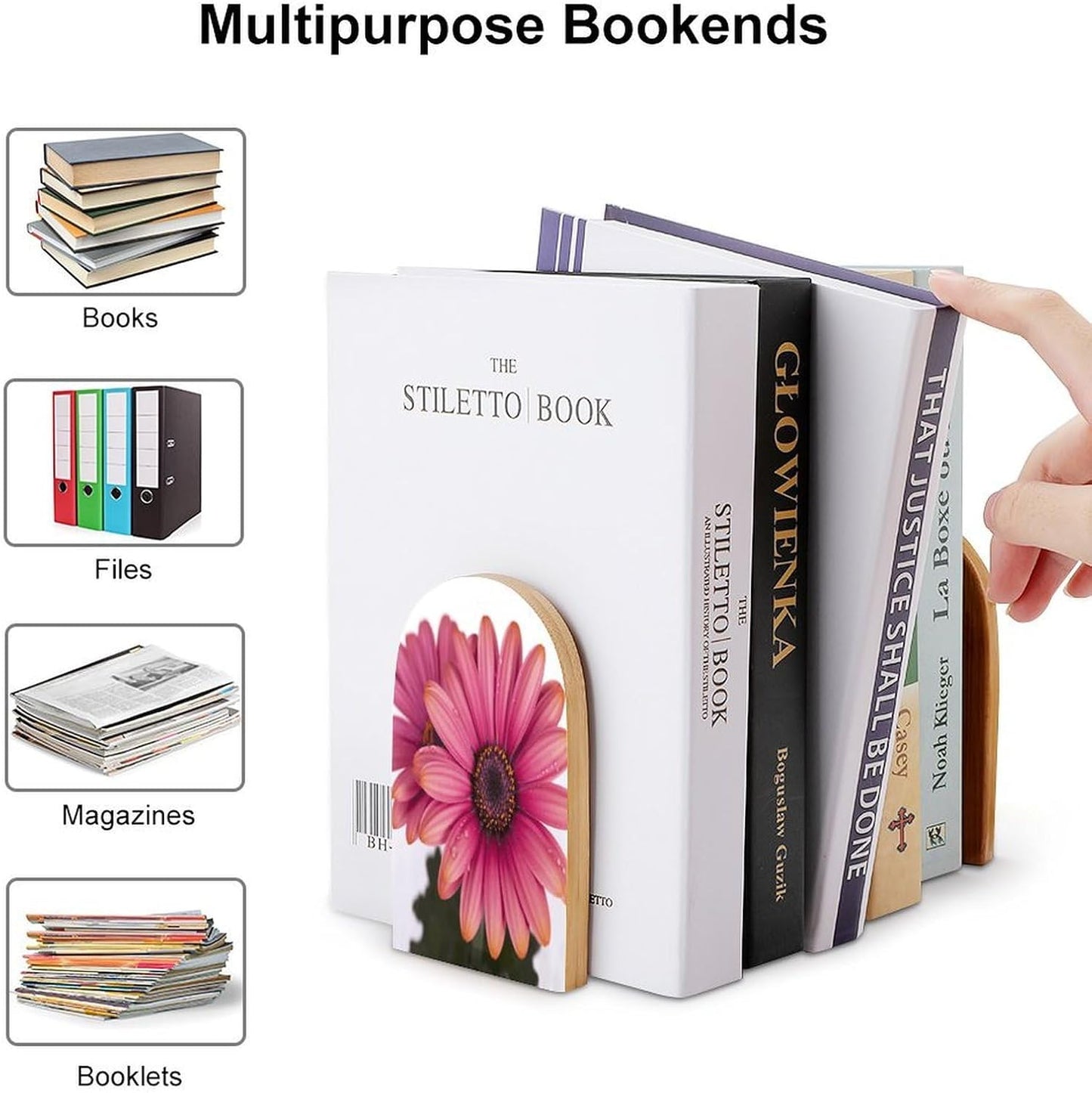 Pink Daisy Flower Bookends 1 Pair Heavy Duty Book Ends for Shelves Non-Skid Bookend Supports Wooden Book Holders with Metal Base Desk Organizers Books Storage to Hold Books