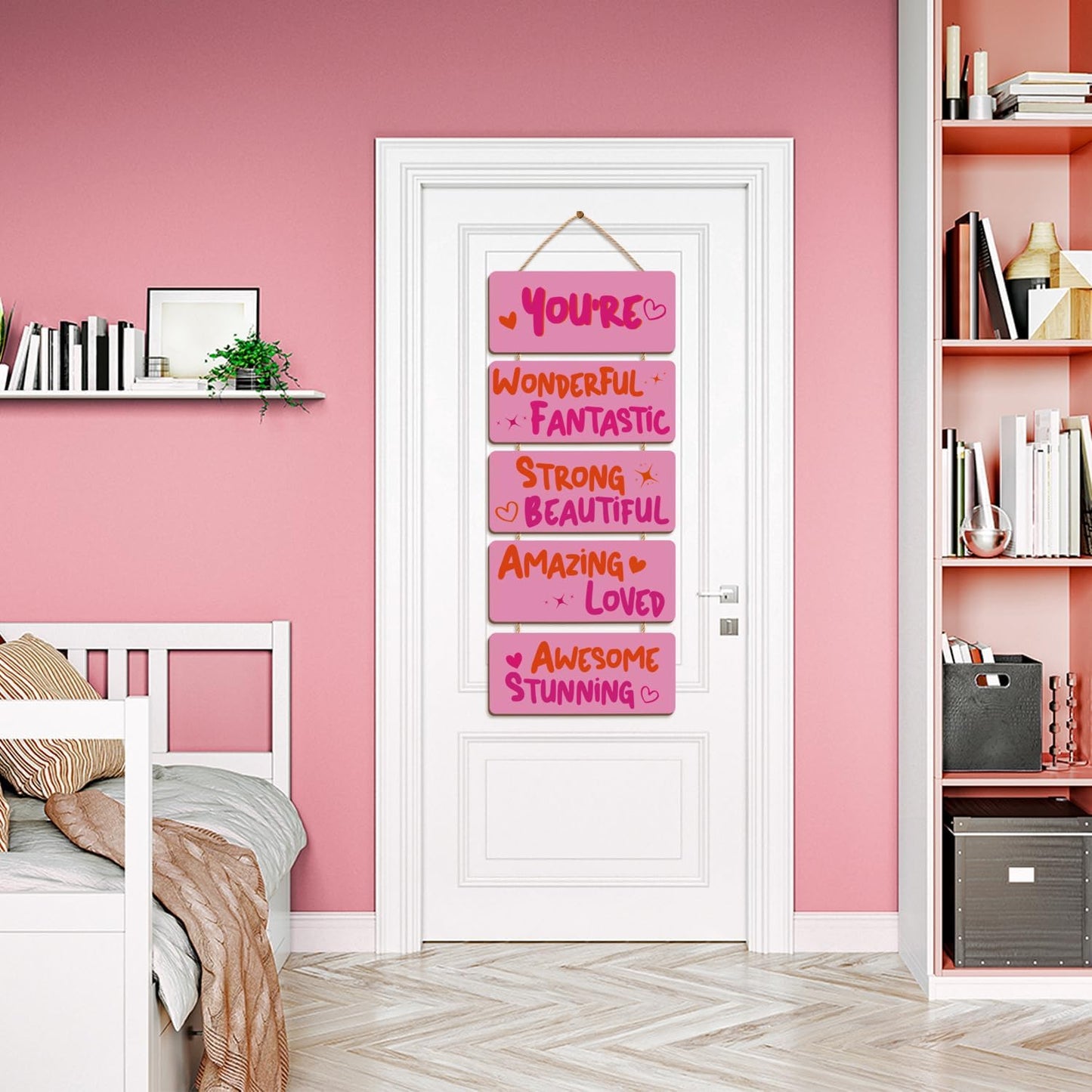 Pink Room Decor Aesthetic, Wooden Hanging Plaque Girls wall Decor Inspirational Girly Wood Wall Art for Kids Teenage Home Bedroom Nursery Classroom Dorm