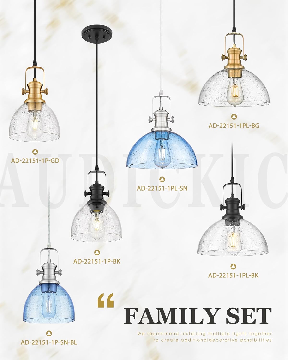 Black Pendant Lights Kitchen Island, 10.5" Farmhouse Pendant Lighting with Clear Seeded Glass Shade, Vintage Hanging Light Fixtures for Dining Room, AD-22151-1PL-BK