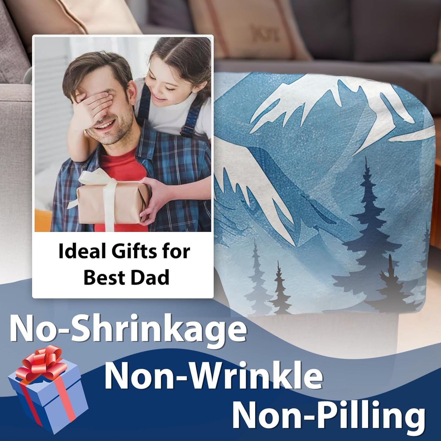 Gift for Dad from Daughter Son Flannel Throw Blanket, for Daddy, Birthday Ideas, Bear Dad Present for Men, Mountain Forest Soft Bedding Sofa Blankets 50 x 60 in