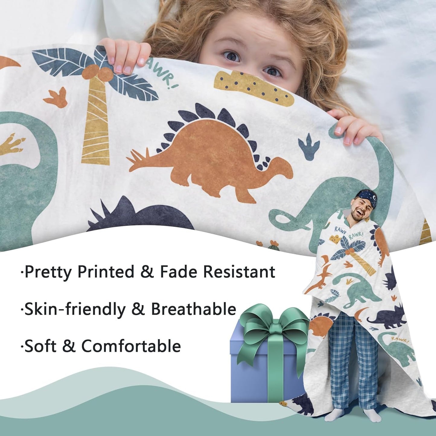 Dinosaur Flannel Throw Blanket for Boys Girls Kids, Dino Rawr Tropical Plant Birthday for Baby Toddler Child Age 1-14 Years Old Teens, White Blanket for Bedding Sofa 50 x 60 in
