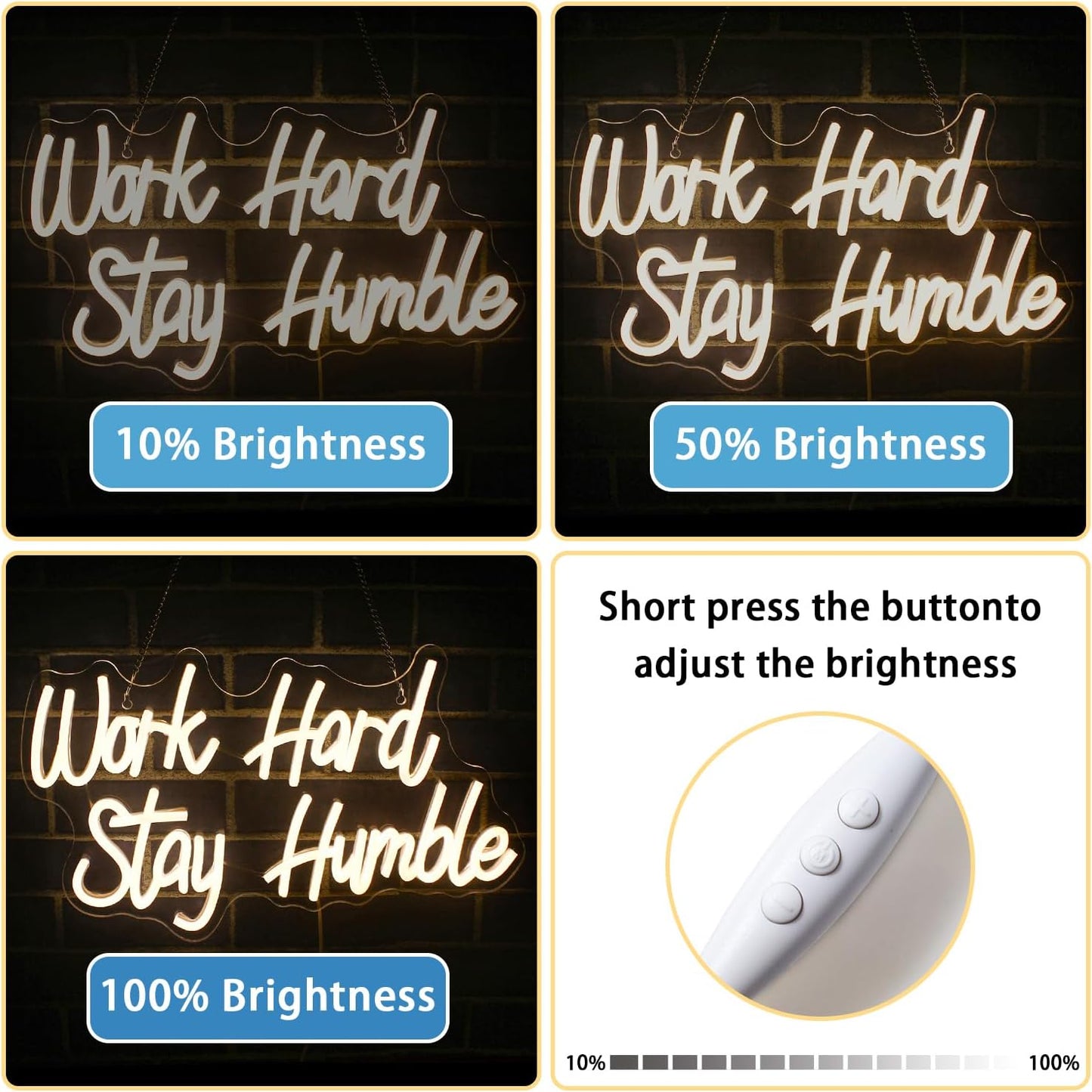 NOSUN Work Hard Stay Humble Neon Sign Warm White Neon Signs for Wall Decor with Dimmable Office LED Neon Signs Motivational Neon Lights for Bedroom Office Wall Apartment Study Decor Light Up Sign