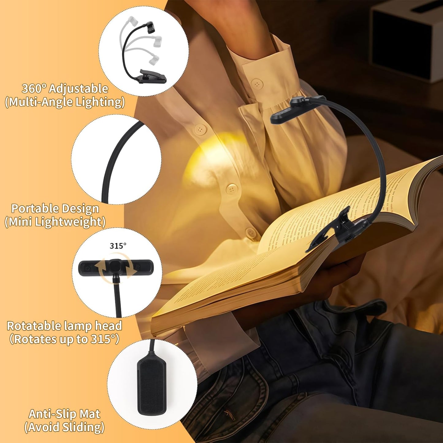 24 Led Rechargeable Book Light for Reading in Bed-Eye Caring 3 Color Temperatures,80 Hrs Runtime Lightweight Clip-On Lamp, Perfect for Kids, Book Lovers, and Student Gifts(Black, Rotating)