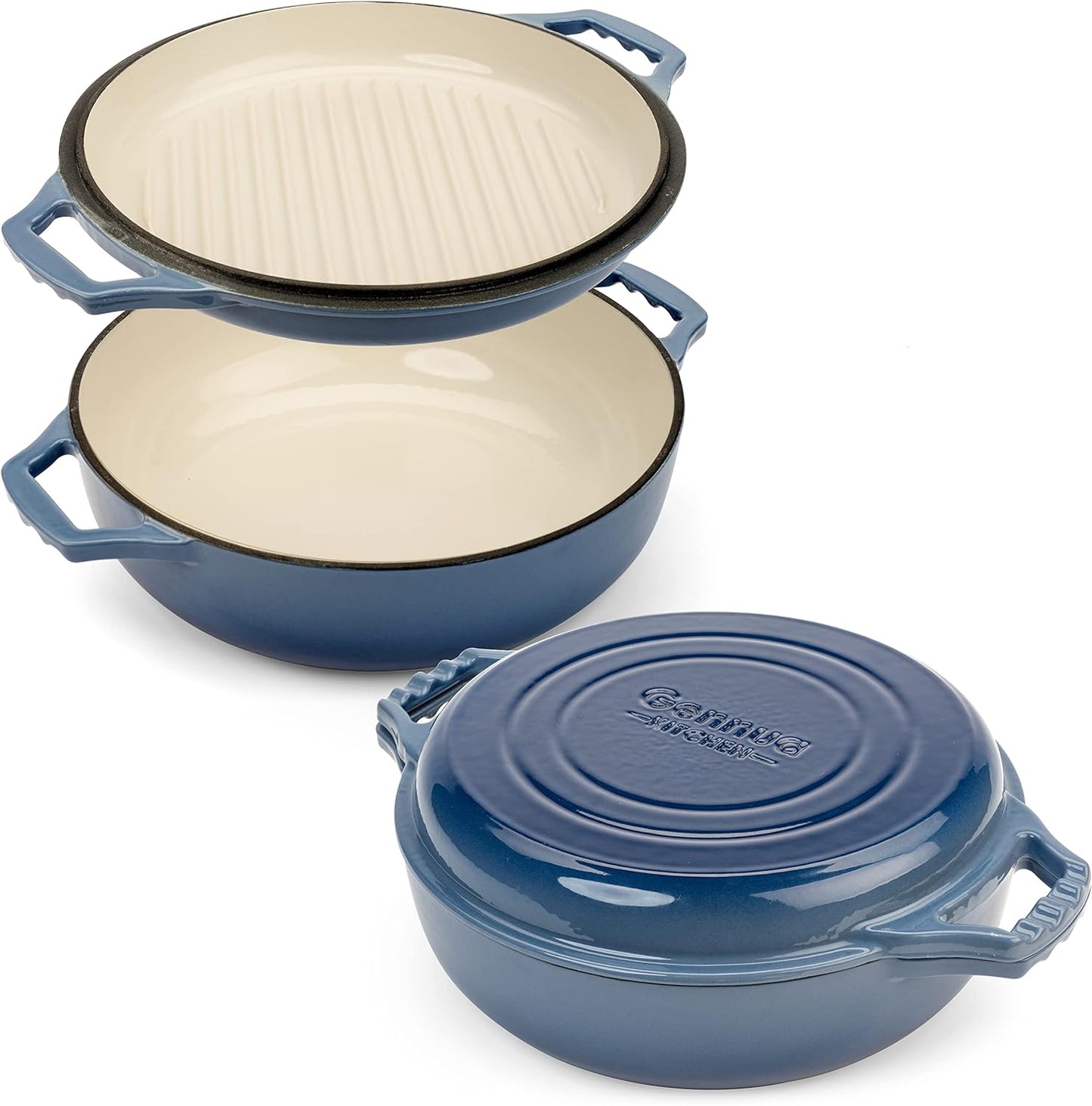 2-in-1 Enameled Cast Iron Braiser Pan with Grill Lid - 3.3-Quart Small Dutch Oven, Serves as Both Casserole & Stovetop Grill Pan, Cast Iron Cookware
