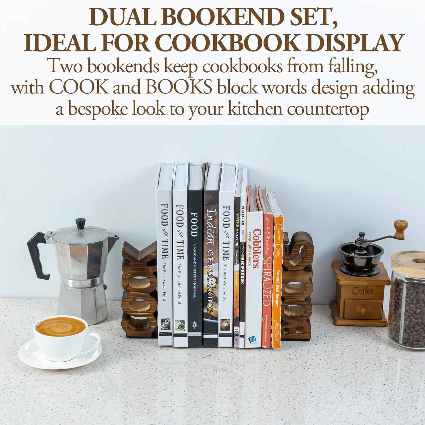 MyGift Rustic Burnt Wood Tabletop Cook and Books Decorative Bookends for Kitchen Countertop, Cookbook Display Holder 2 pc Set