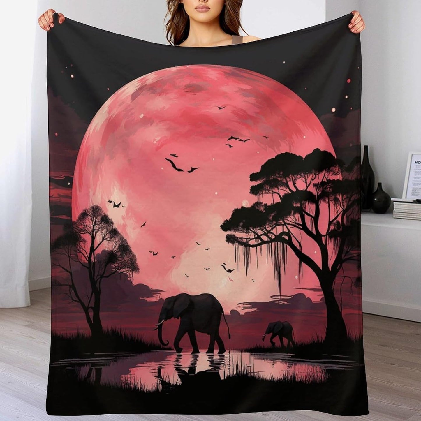Pink Moon Elephant Throw Blanket for Couch Super Soft Warm Lightweight Throw Blankets Cozy Flannel Bed Blanket Cute Decorative Blankets for All Seasons Home Decor Gift 60"*80"（150 * 200cm）