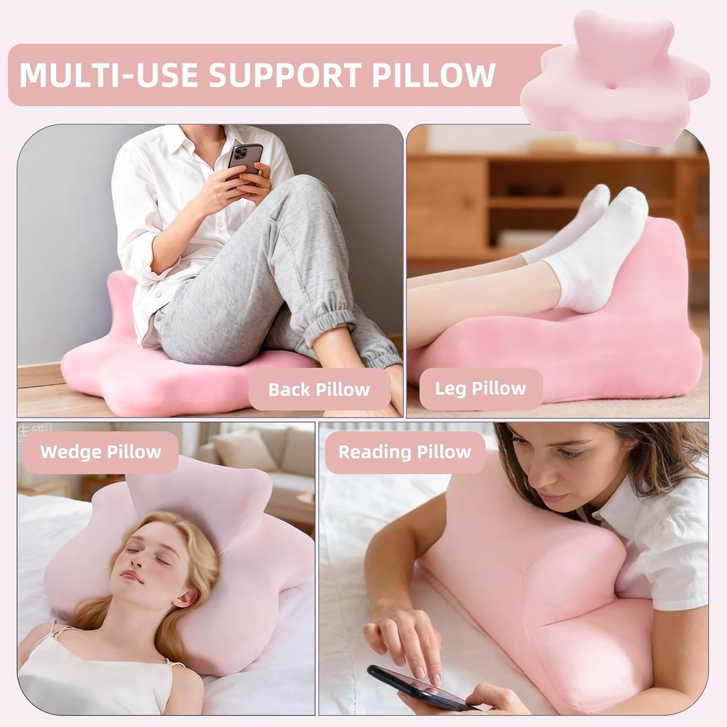 Reading Pillow for Bed, Ergonomic Memory Foam Bed Wedge Pillow for Lying, Headboard, Sleeping, Sitting and Prone, Chin & Back Support Multifunctional Pillows, Pink