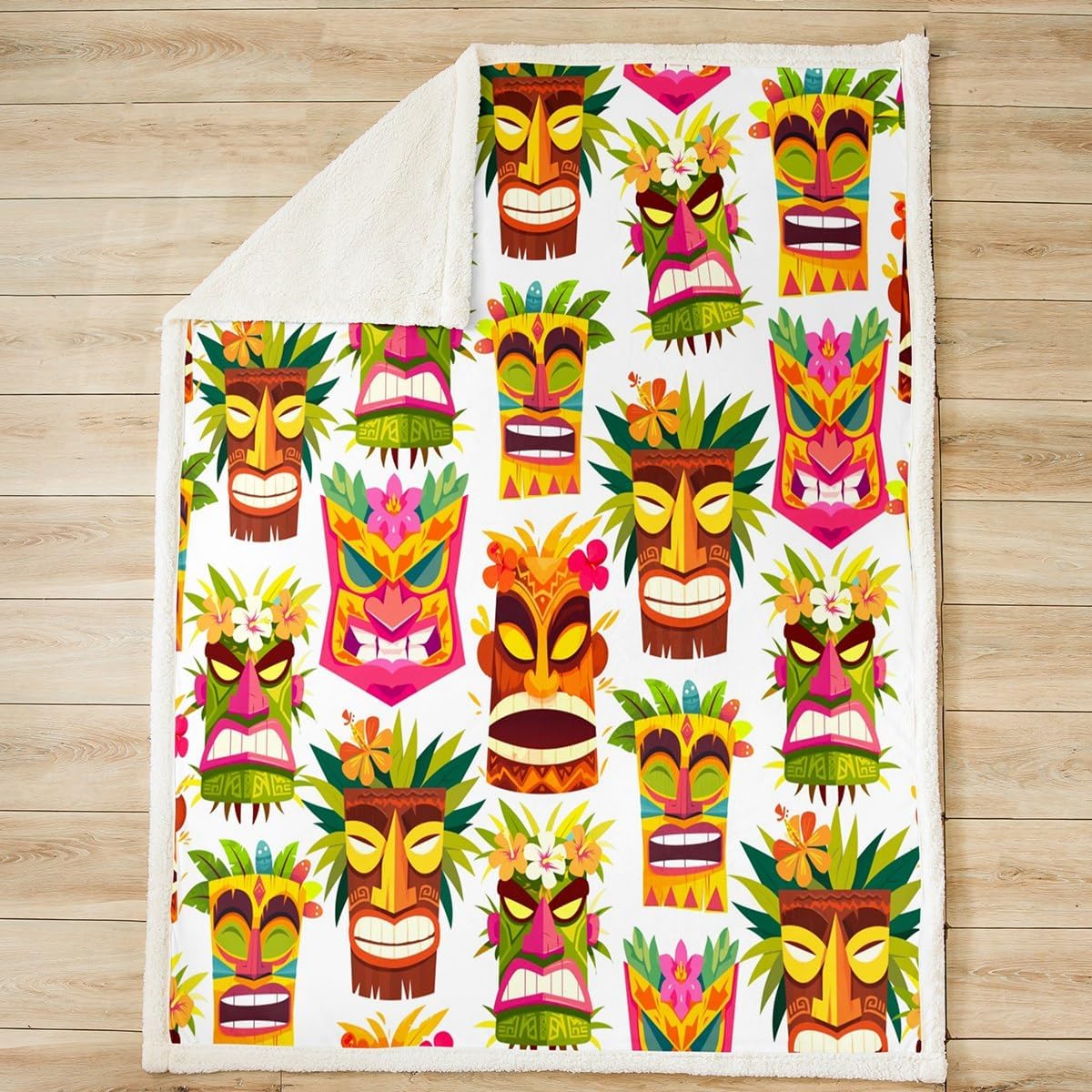 Tiki Bar Plush Blanket Retro Inspired Fleece Throw Blanket Hawaiian Party Sherpa Blanket for Kids Boys Girls Cute Colorful Tiki Pattern Fuzzy Blanket for Sofa Bed Couch, Room Decor Twin 60x80 Inch